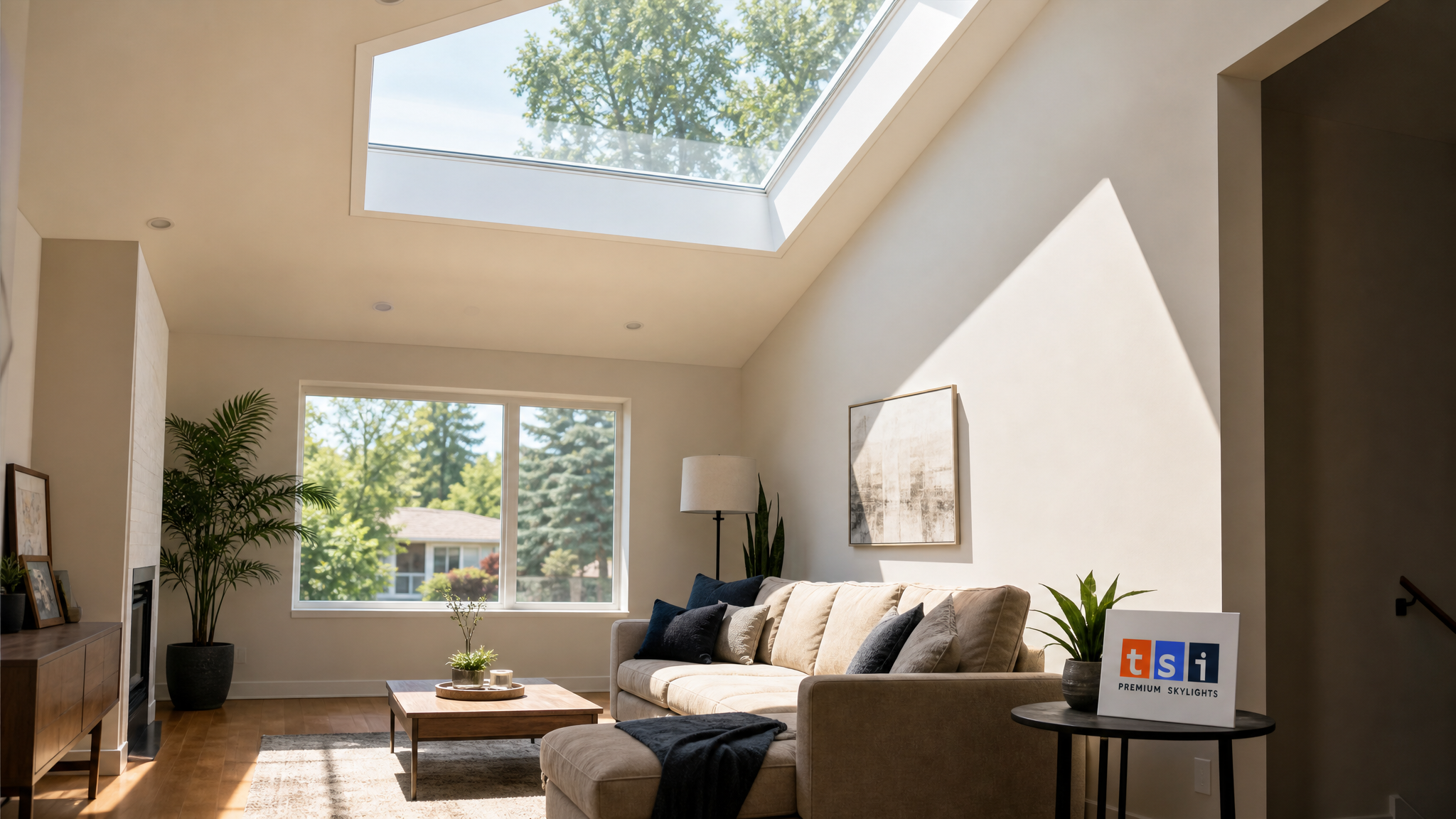 Bright Toronto living room lit by a large fixed skylight in a sloped ceiling during summer daylight