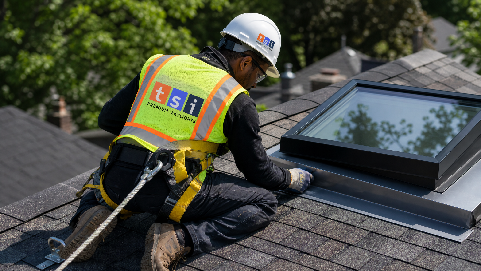 Installer in full safety harness, hard hat and hi-vis vest fitting flashing around a fixed skylight on a Toronto roof