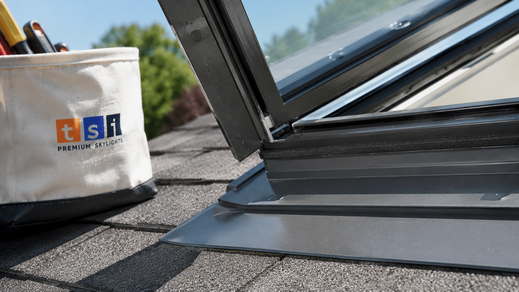 Close-up of vented skylight flashing and open sash detail on a Toronto home