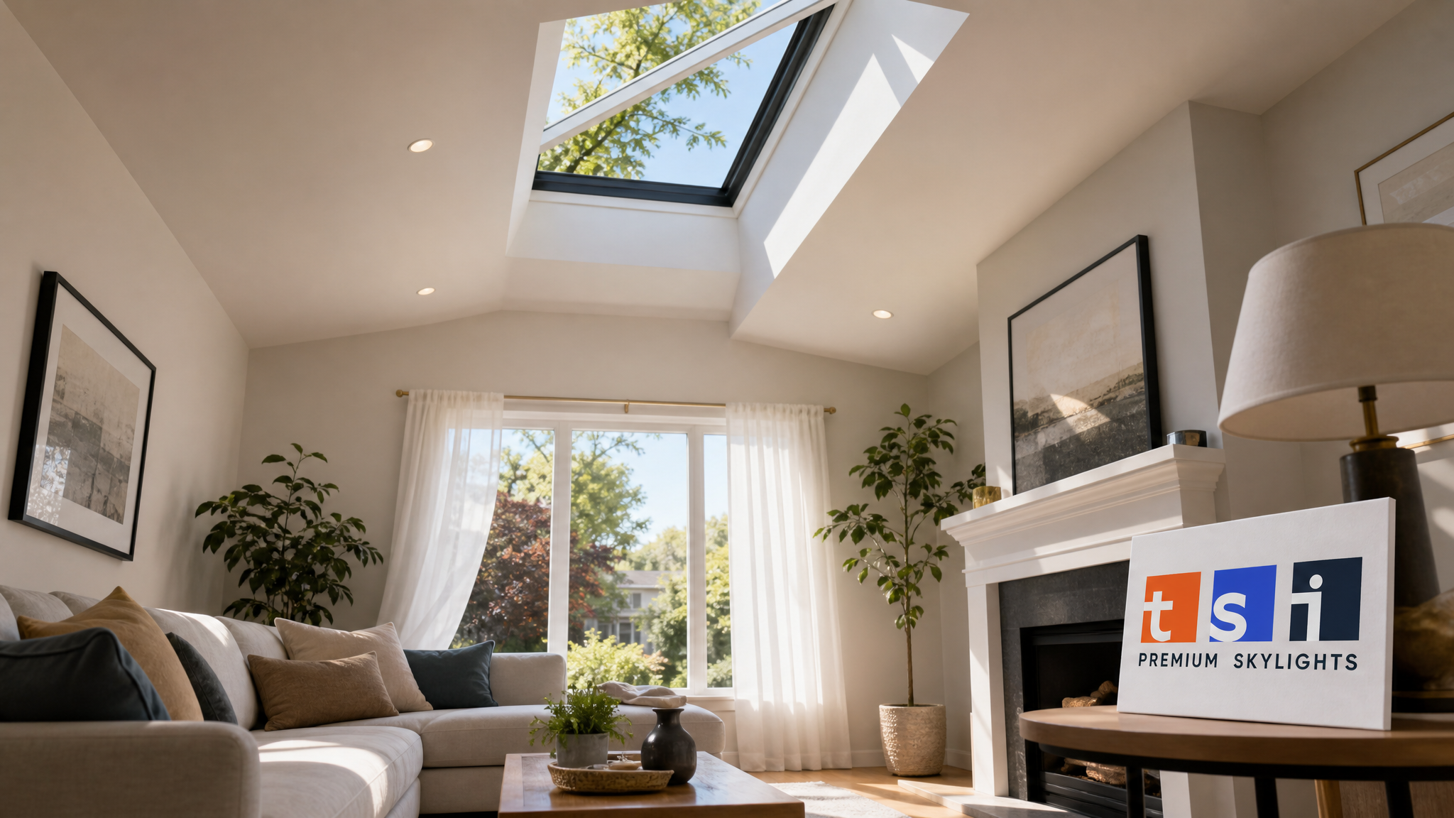 Bright Toronto living room with an open vented skylight letting in summer daylight and fresh air