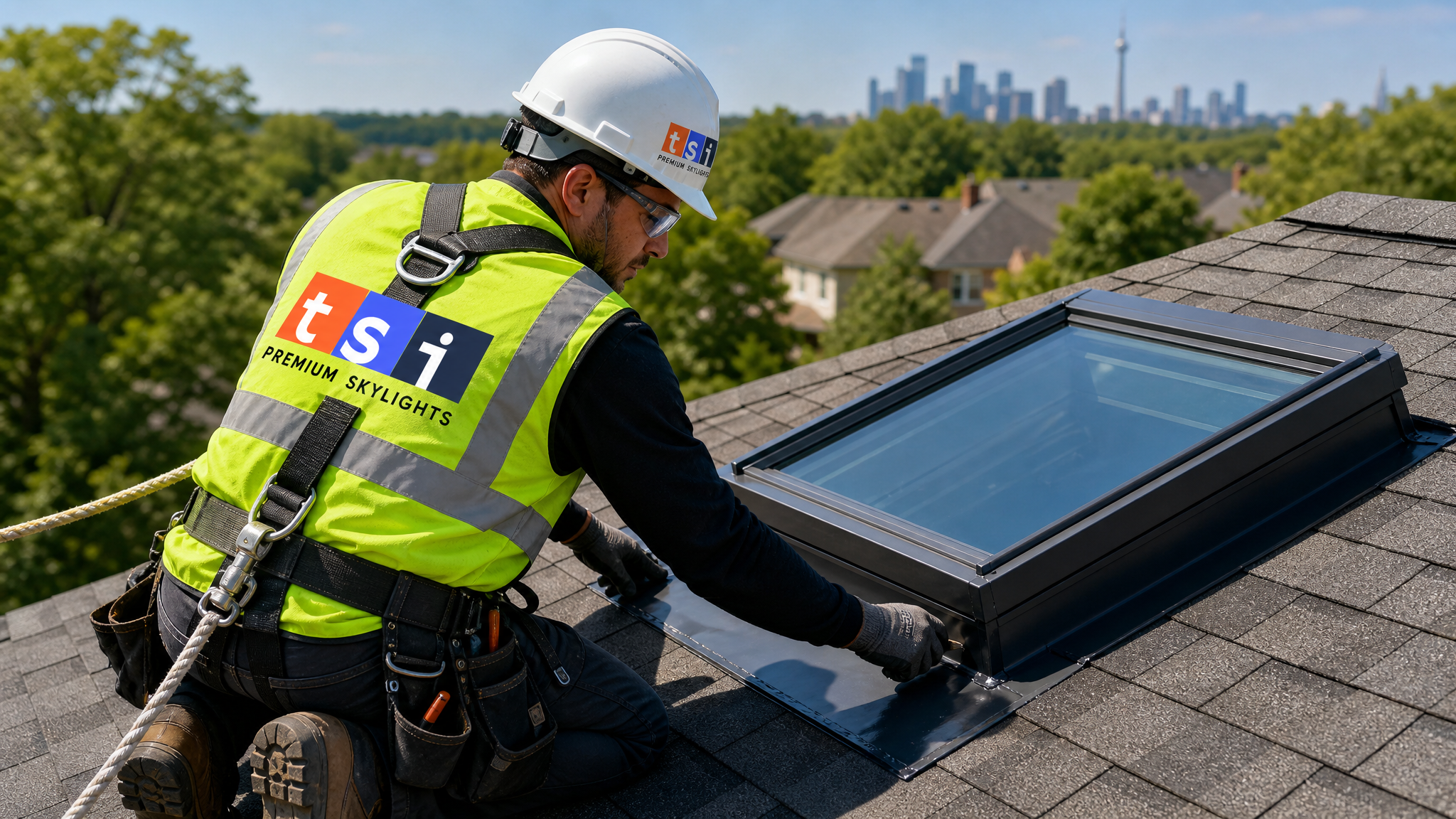 Installer in full safety harness and PPE fitting a vented skylight on a Toronto rooftop in summer