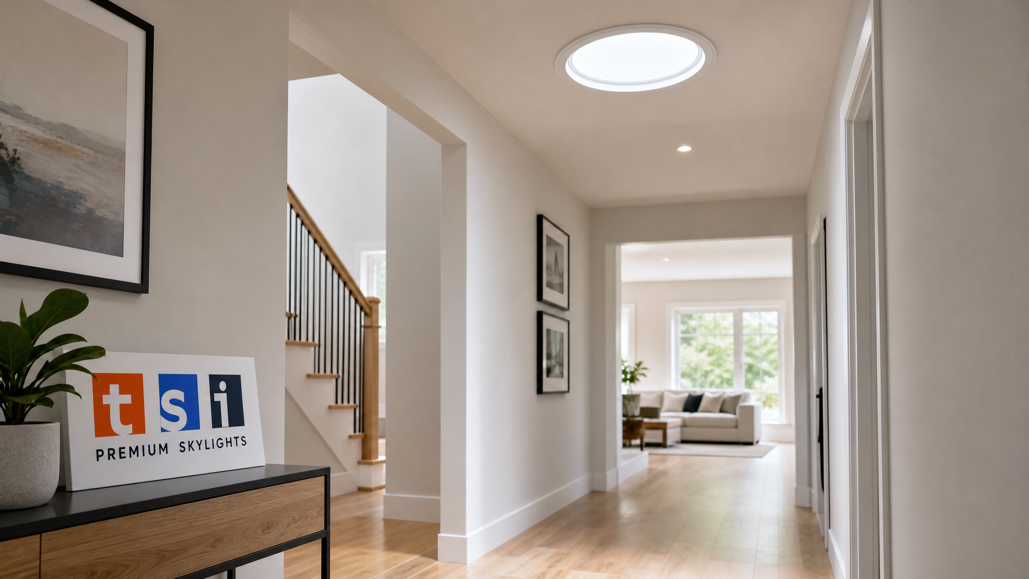 Interior of a bright Toronto hallway lit by a round tubular skylight diffuser in the ceiling on a sunny summer day