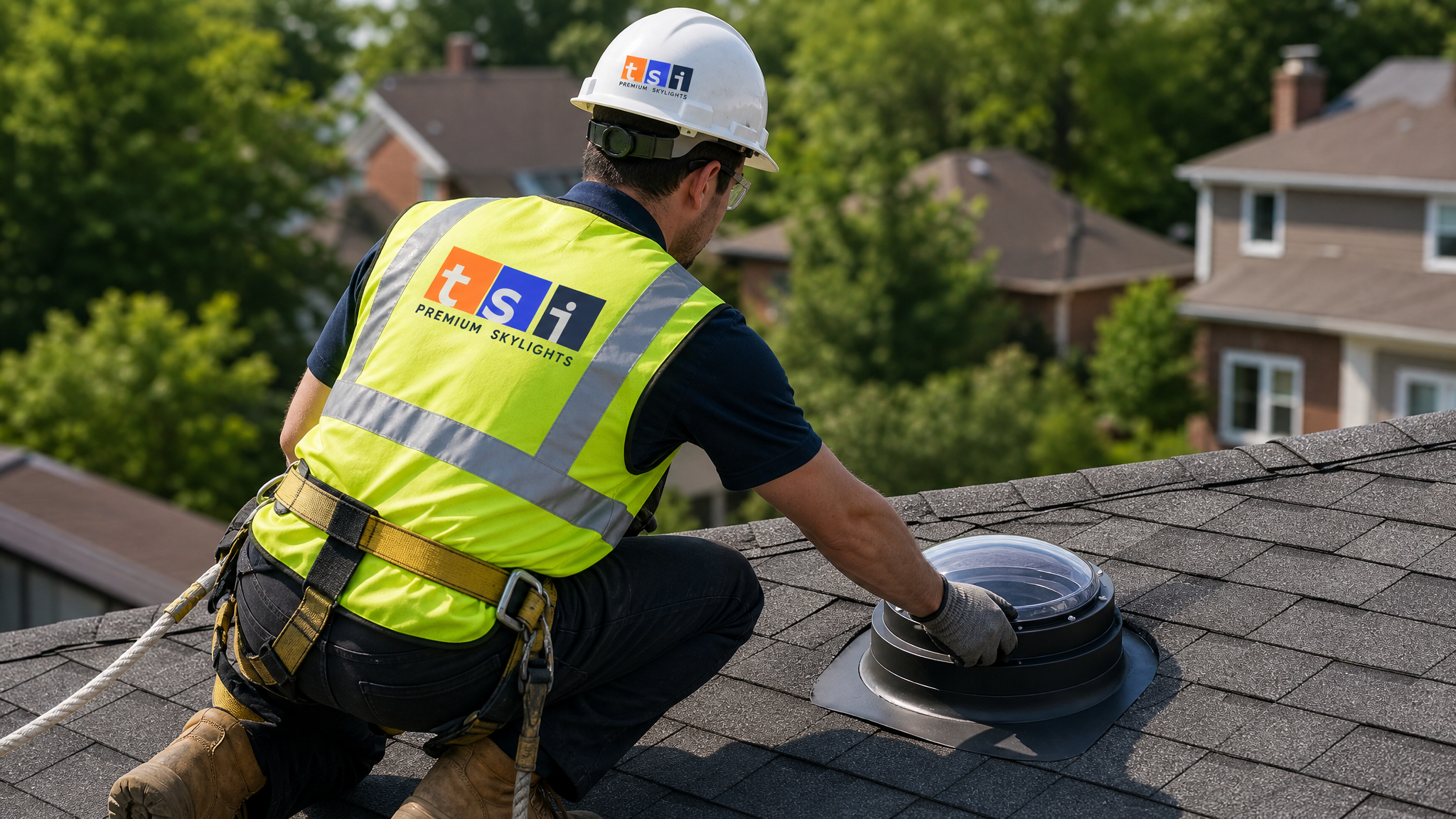 Installer in full safety harness and hi-vis PPE fitting a tubular skylight roof dome on a Toronto home in summer