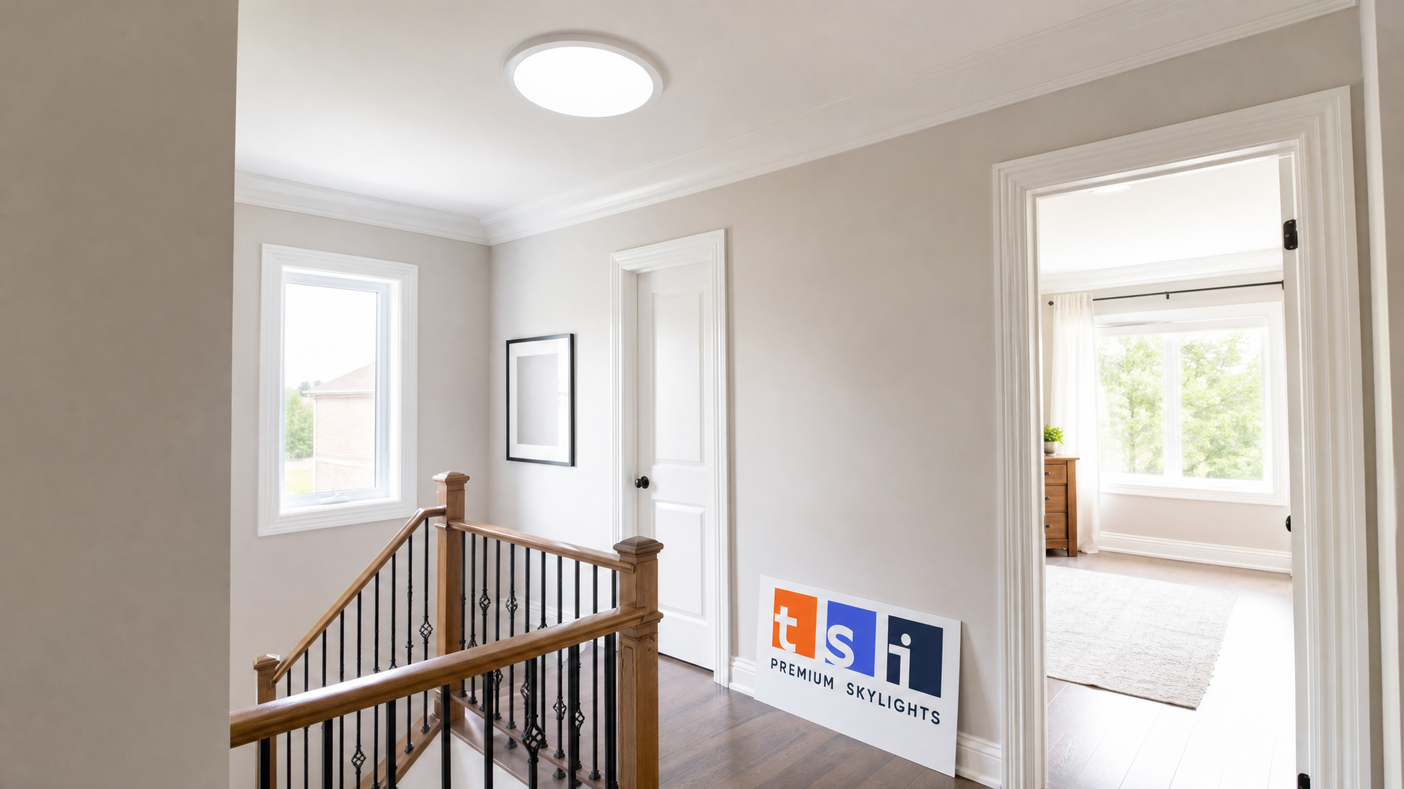 Bright interior hallway lit by a VELUX sun tunnel ceiling diffuser in a Toronto home