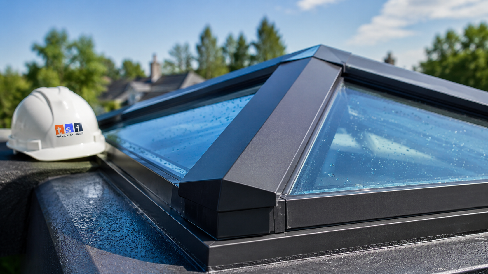 Close-up of a roof lantern aluminium apex joint and solar-control glazing bead sealed against a kerb