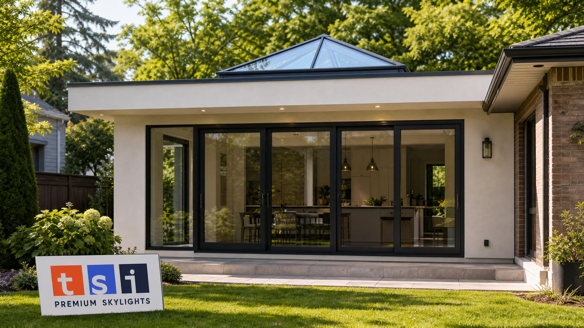 Glass roof lantern rising above a flat-roof kitchen extension on a Toronto home in summer daylight