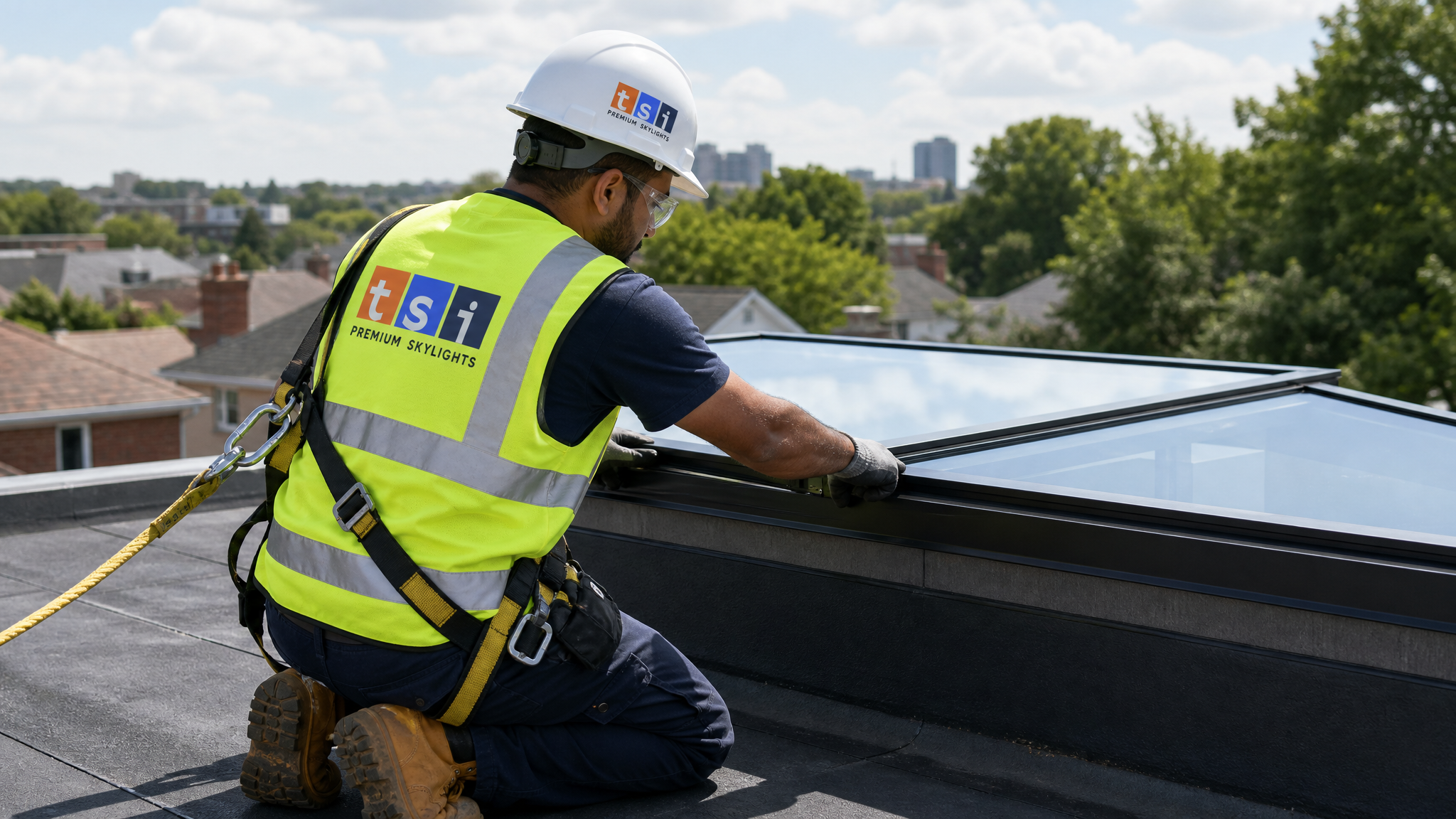 Installer in full safety harness and PPE fitting the aluminium frame of a roof lantern on a flat roof