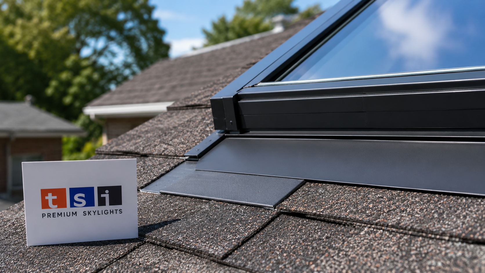 Close view of new step flashing and sealed glazing after a skylight replacement in Markham
