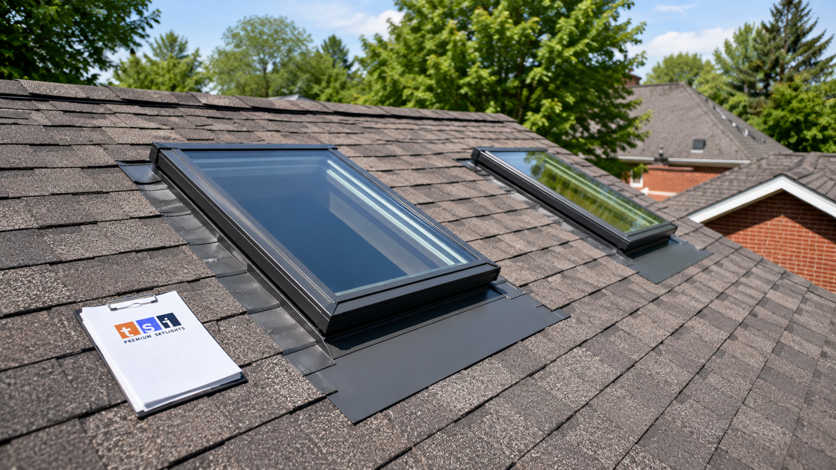Two newly replaced skylights on the shingle roof of a Markham home after skylight replacement