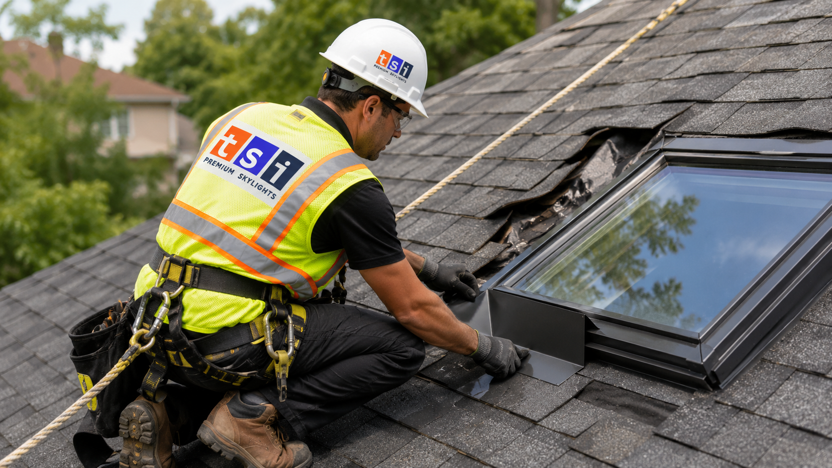 Roofer in full safety gear fitting flashing during a skylight replacement in Markham on a sloped roof