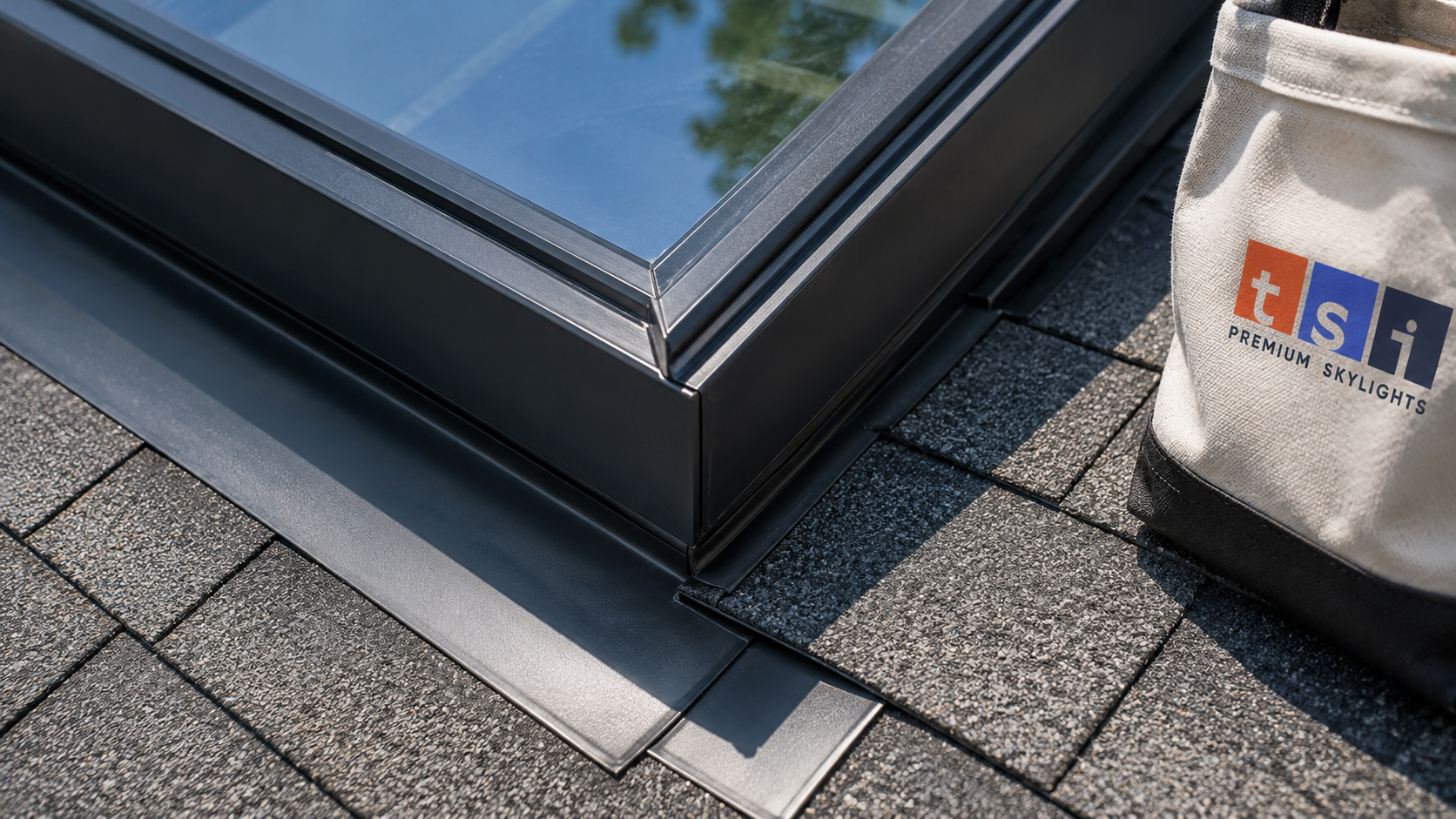 Close detail of skylight repair Vaughan flashing lap and sealed glazing edge on a residential roof