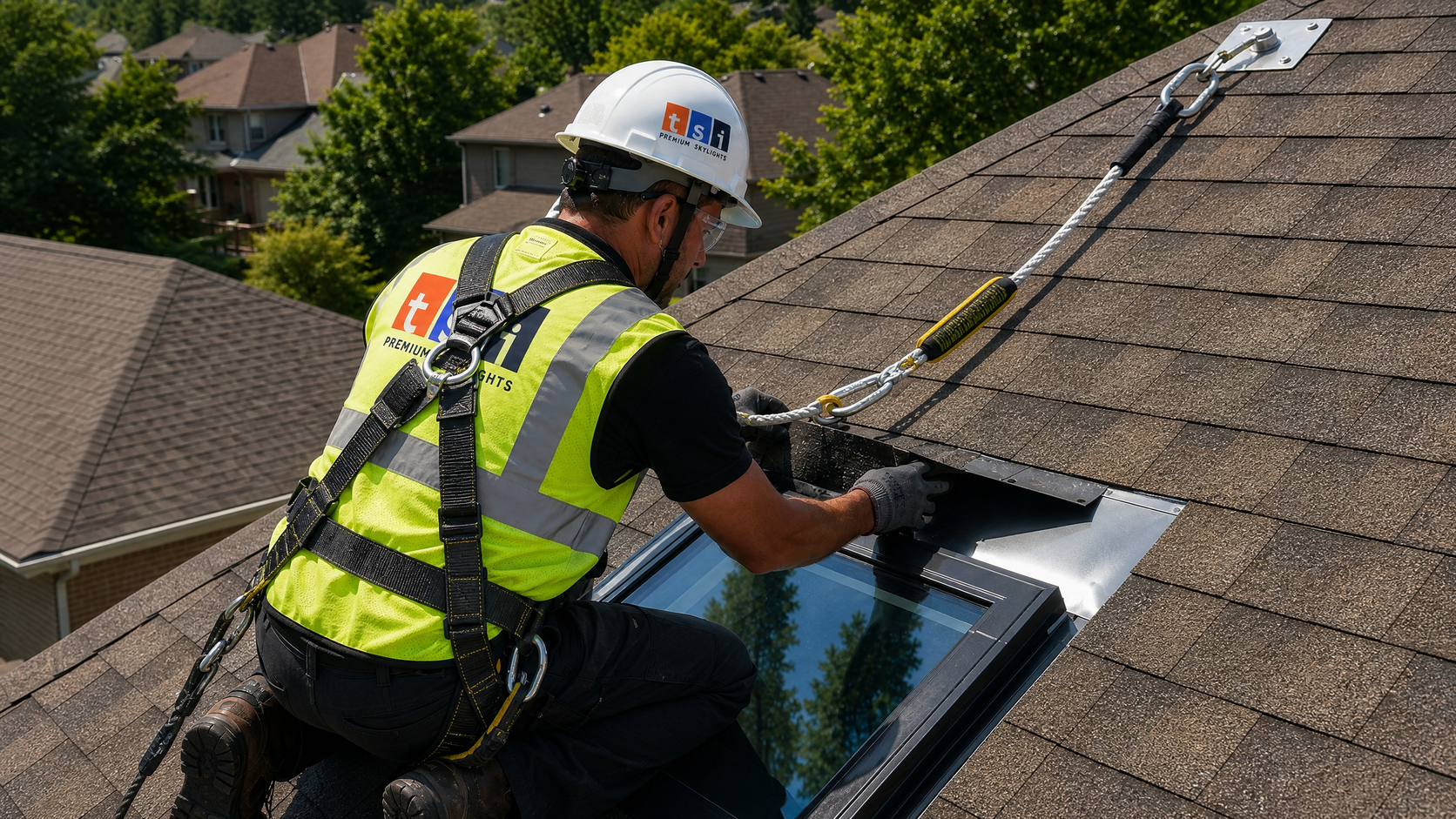 Roofing technician completing skylight repair Vaughan flashing work on a residential shingle roof in summer