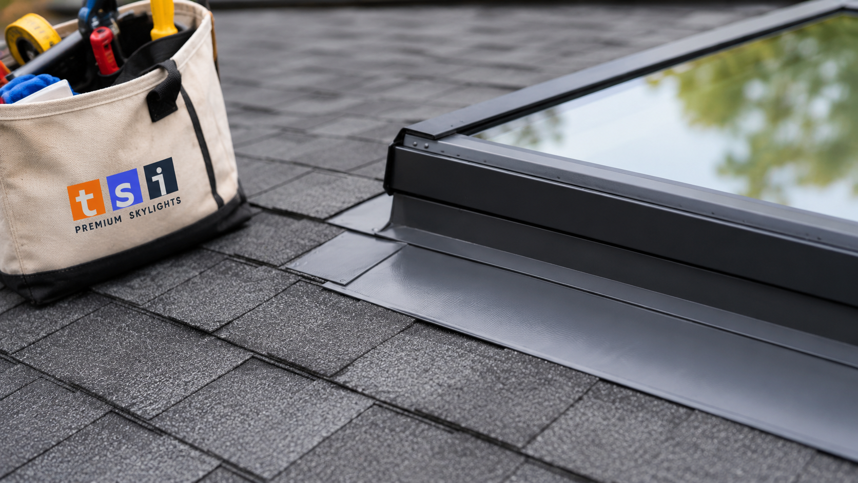 Close detail of step and head flashing sealing a skylight after a skylight installation in Richmond Hill