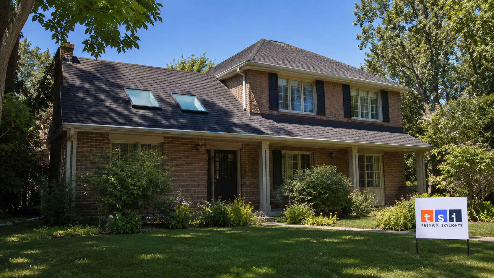 Two skylights on the asphalt shingle roof of a Richmond Hill home after skylight installation
