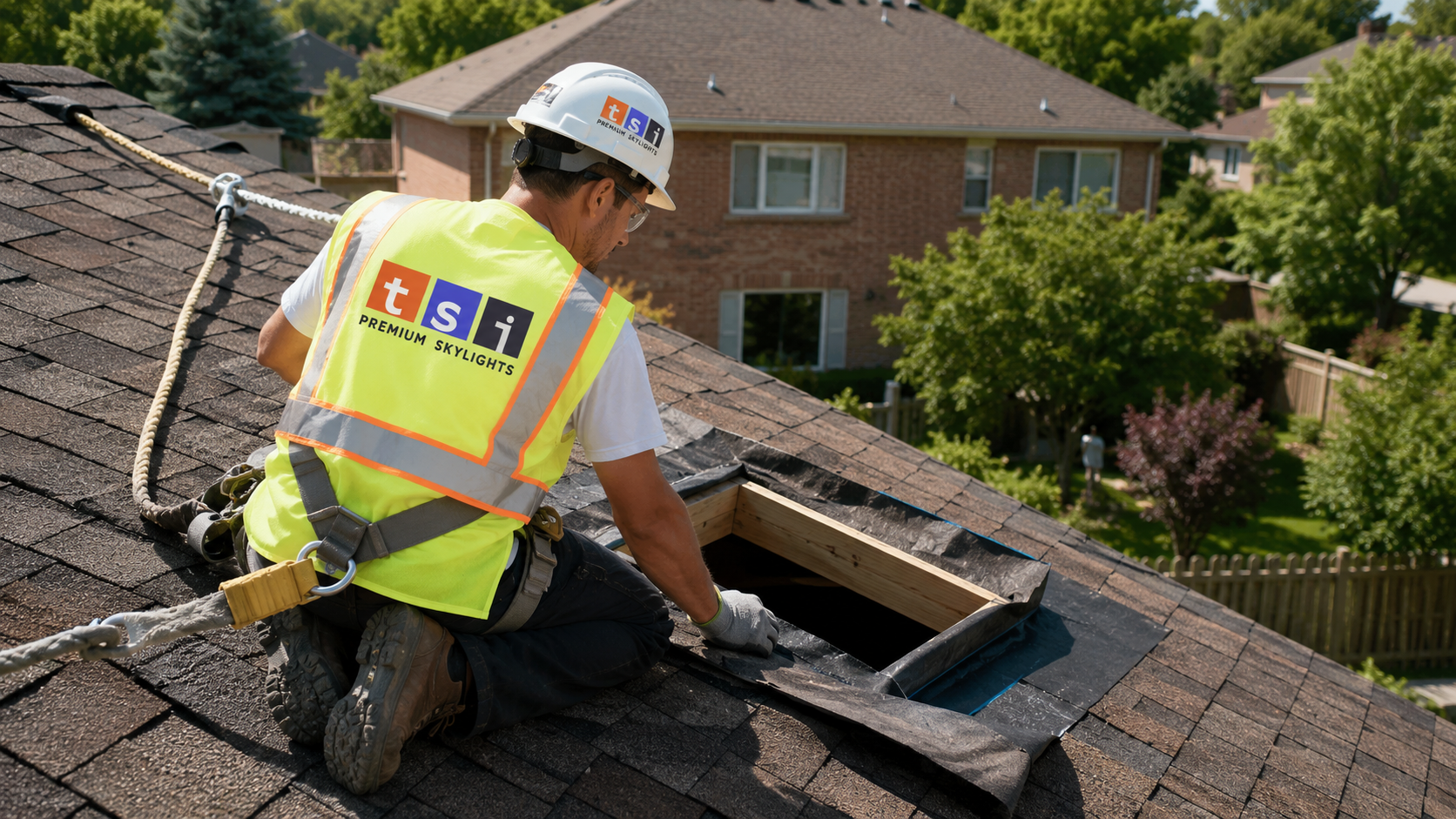 Installer in full safety gear preparing a roof opening during a skylight installation in Richmond Hill