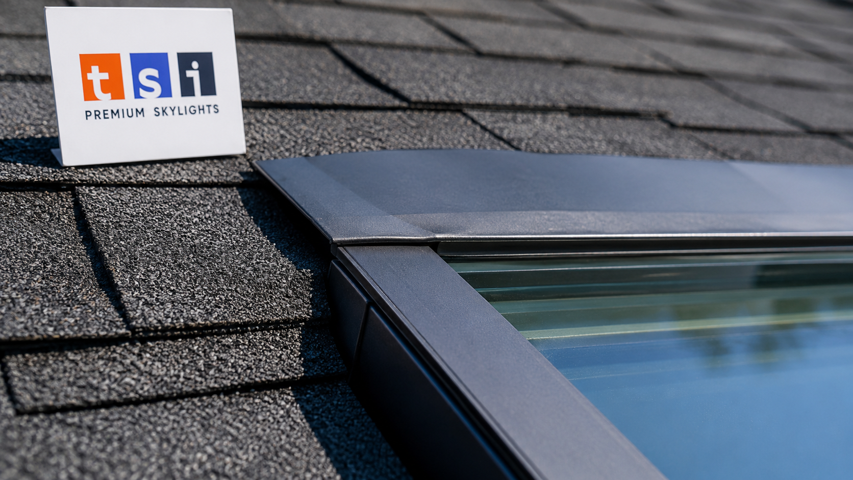 Close detail of skylight installation Aurora flashing and sealed frame edge on an asphalt shingle roof
