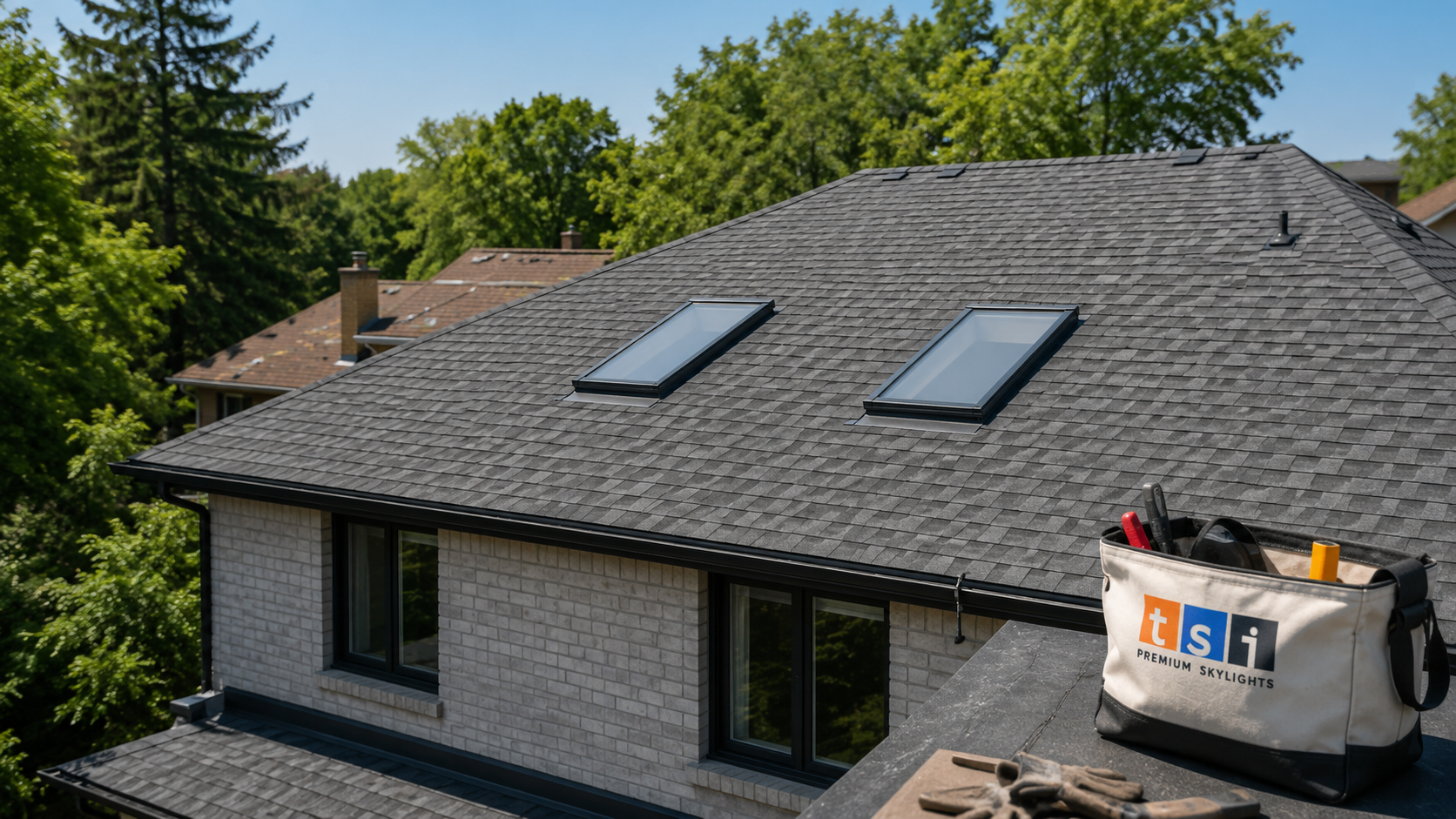 Skylight installation Aurora home with two new skylights set into an asphalt shingle roof in summer