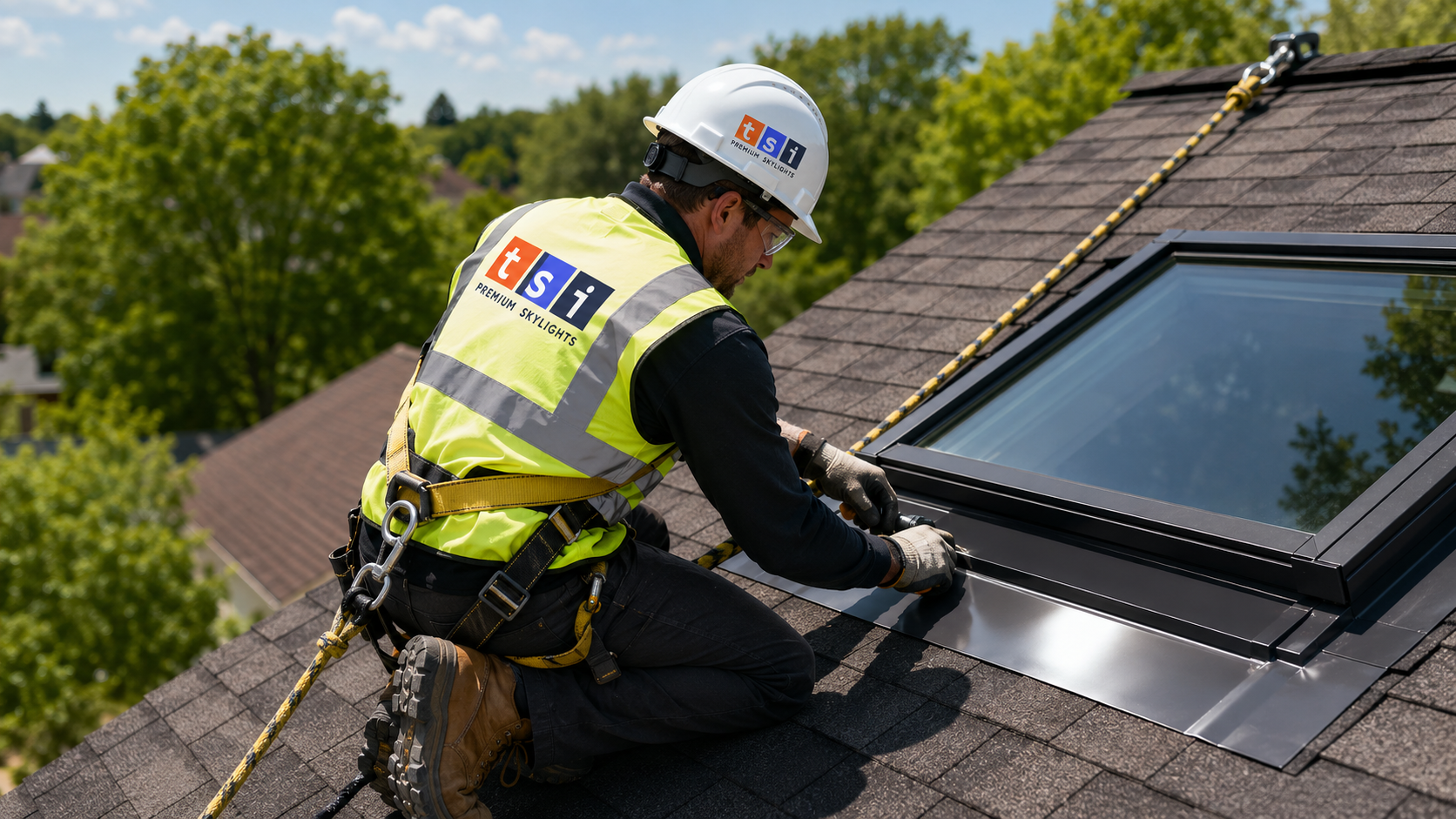 Installer securing flashing during a skylight installation Aurora homeowners scheduled on a shingle roof