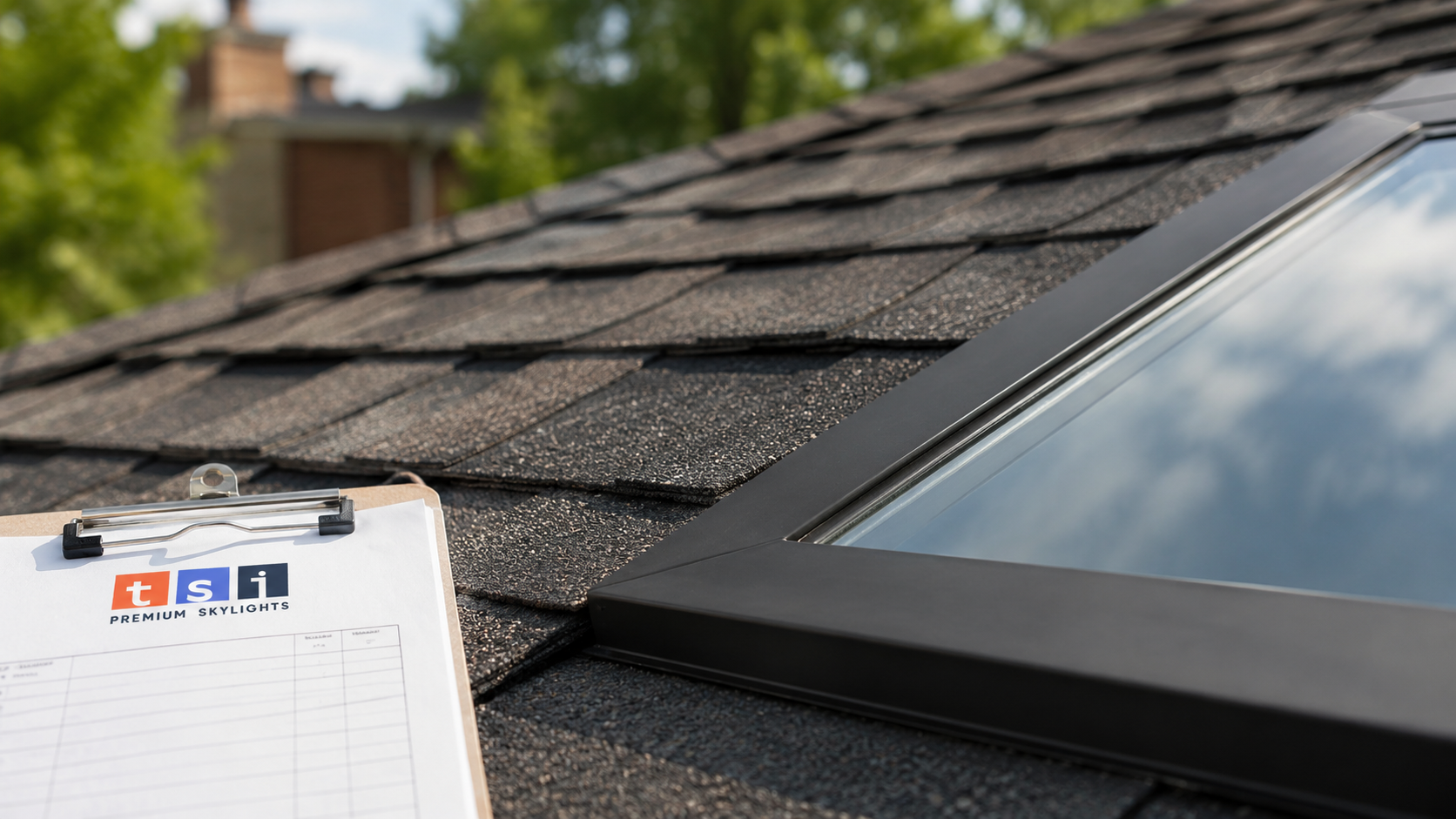 Close detail of skylight flashing and shingle integration from a skylight installation Newmarket project
