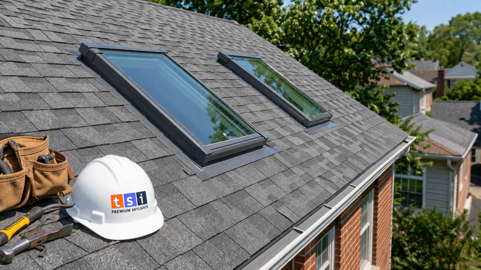 Skylight installation Newmarket example showing two new skylights set into an asphalt shingle roof on a suburban home