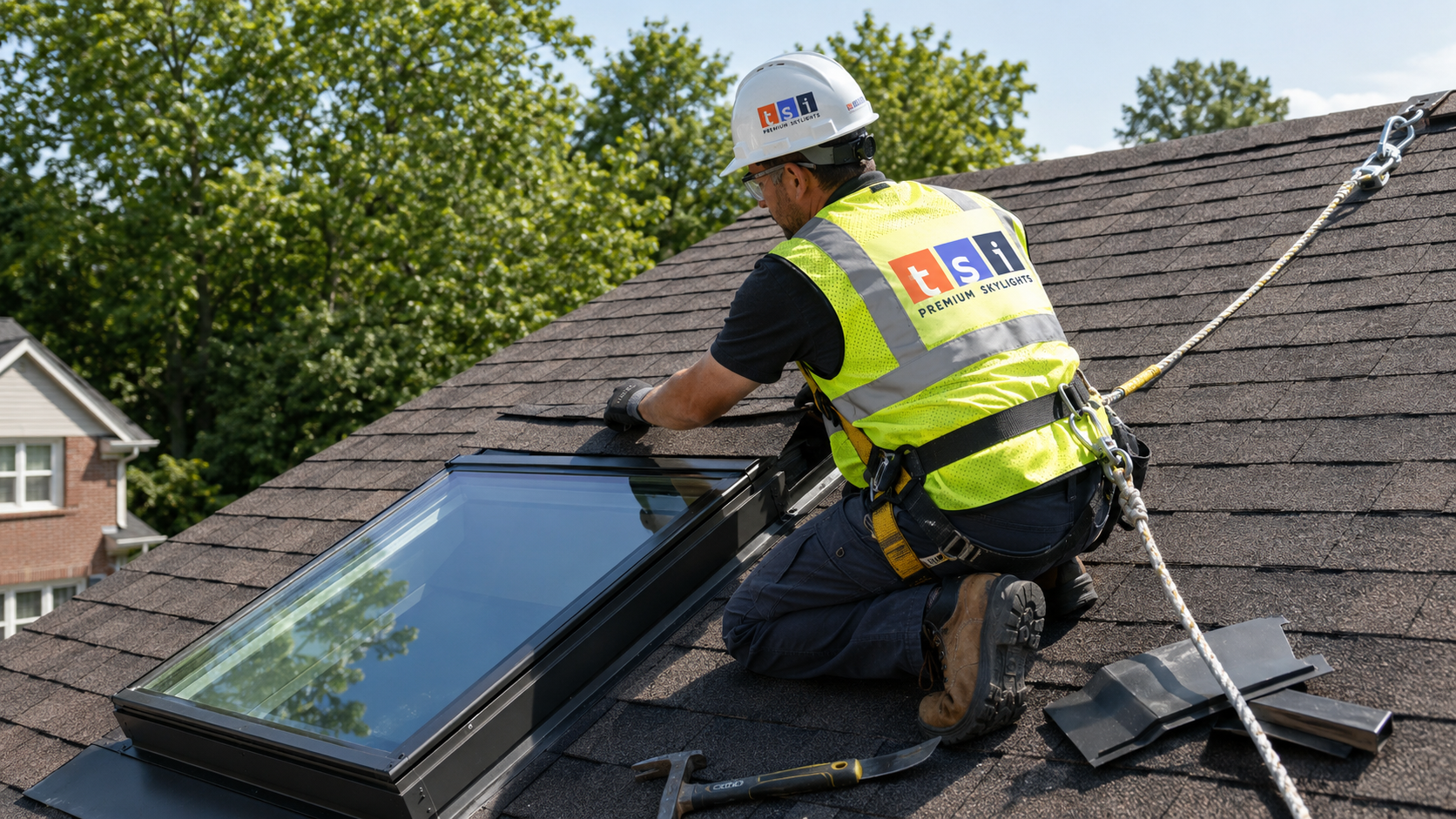 Installer in full safety gear completing a skylight installation Newmarket project on a residential asphalt shingle roof