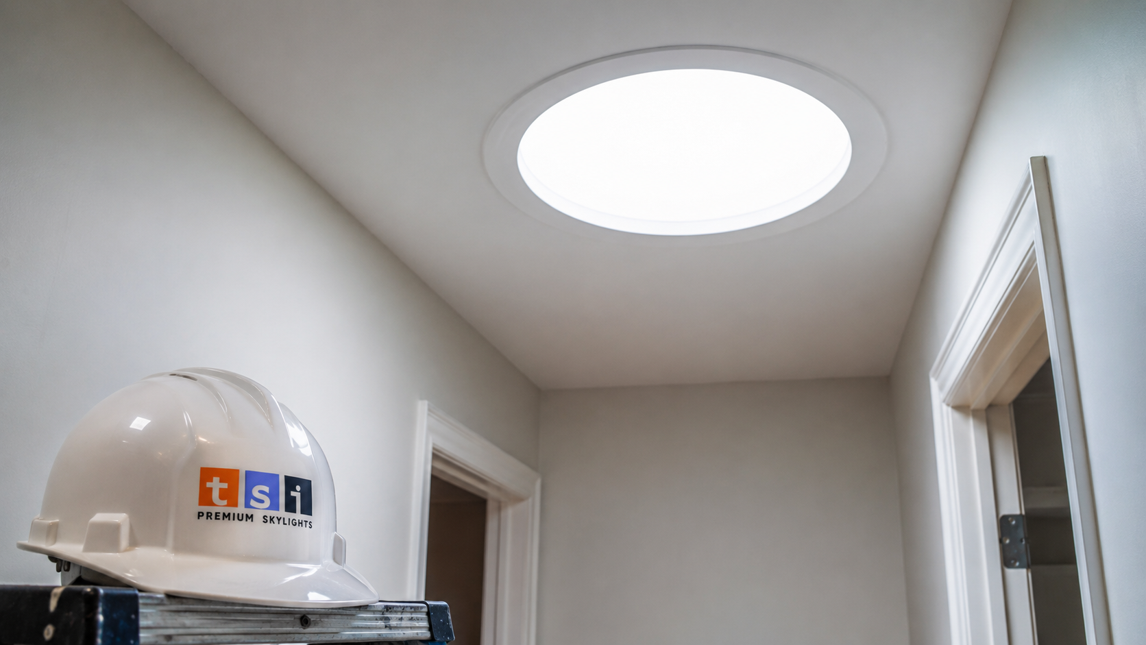 Interior ceiling diffuser of a sun tunnel skylight Markham installation glowing with natural daylight