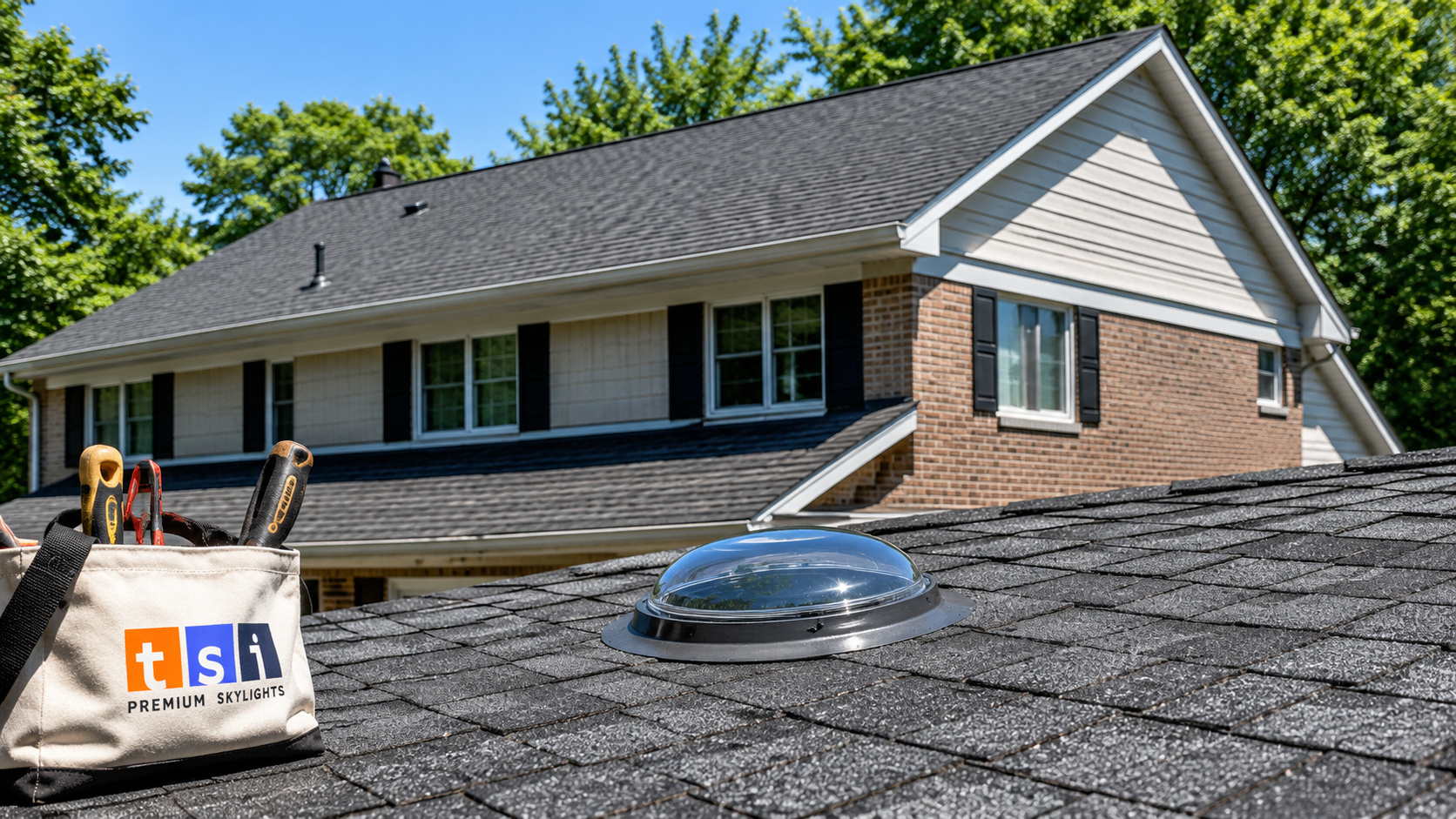 Sun tunnel skylight Markham roof dome installed on an asphalt shingle suburban home in summer