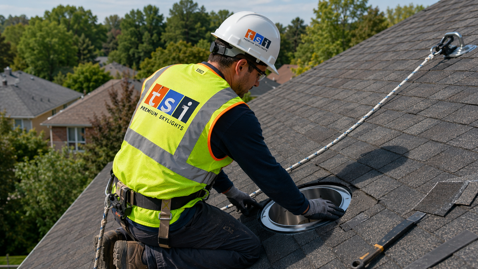 Installer fitting sun tunnel skylight Markham flashing into asphalt shingles on a residential roof