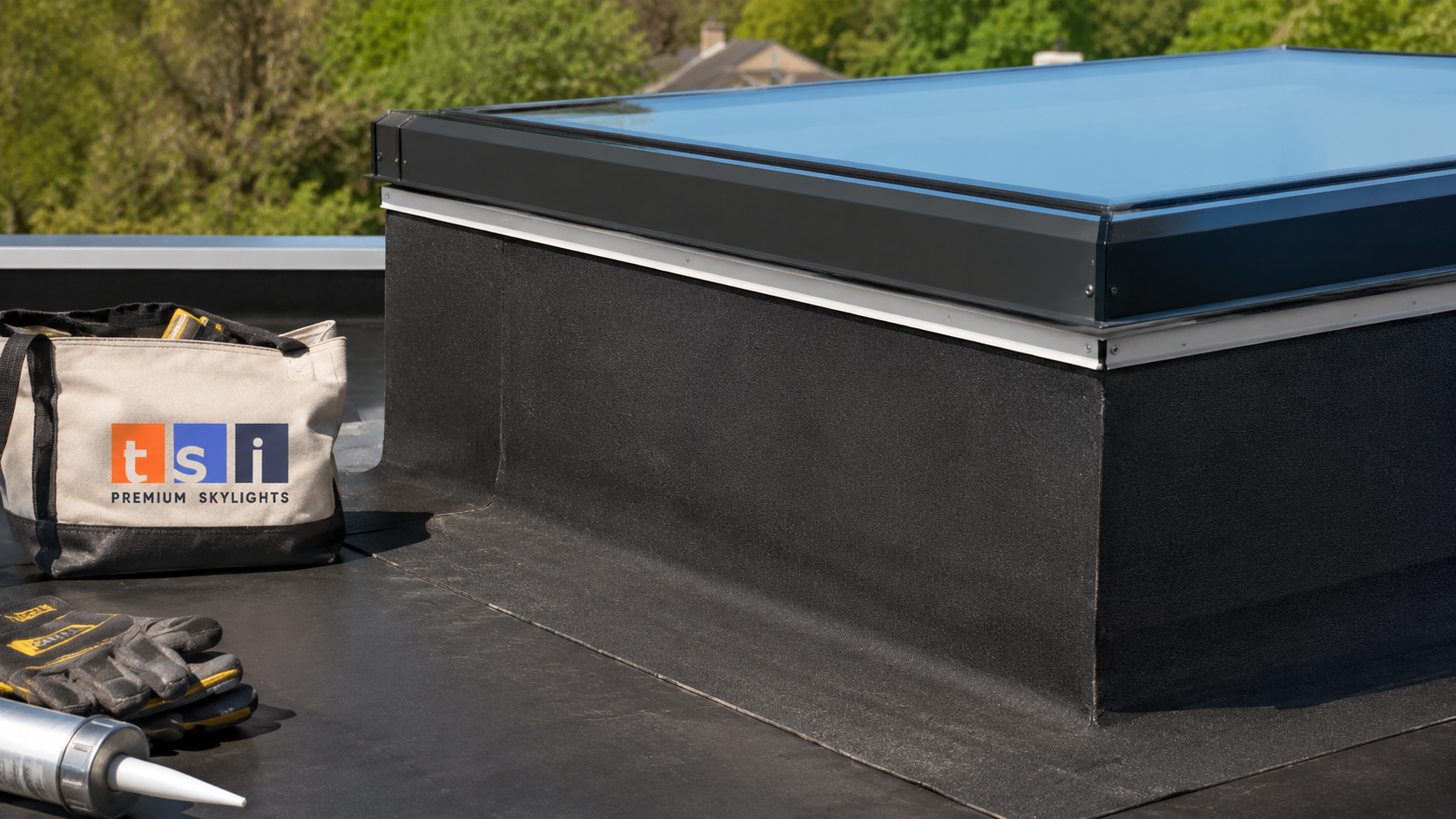 Close detail of a completed flat roof skylight Vaughan curb showing insulated frame and membrane termination
