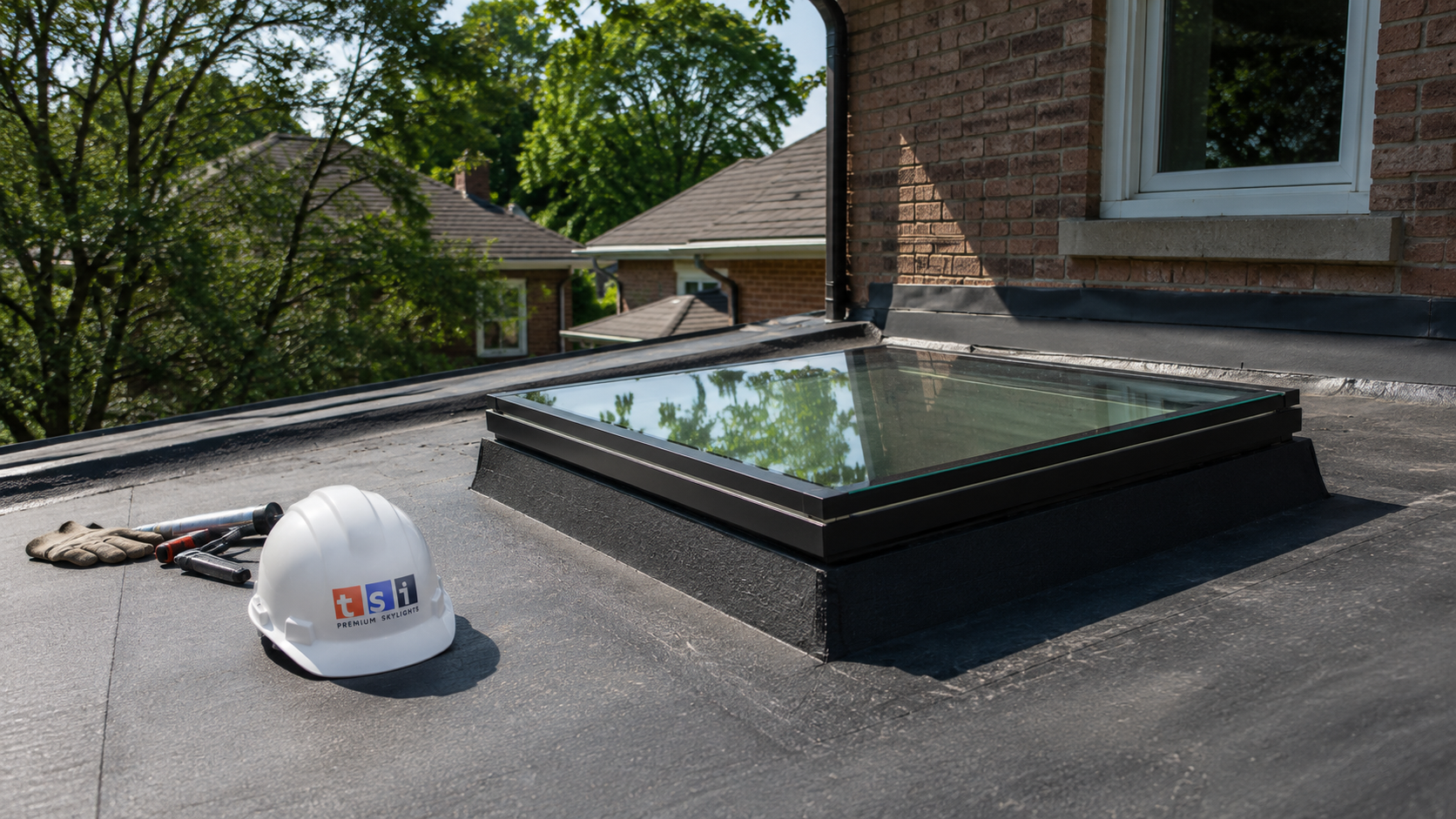 Flat roof skylight Vaughan installation on the low-slope rear addition of a suburban brick home