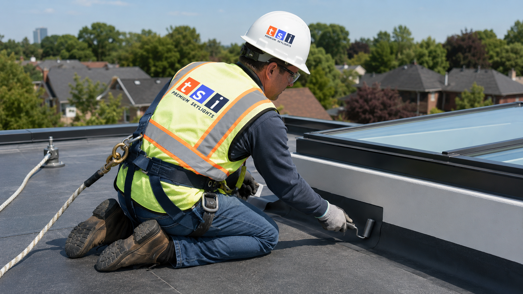 Technician setting a flat roof skylight Vaughan curb and flashing detail on a low-slope membrane roof