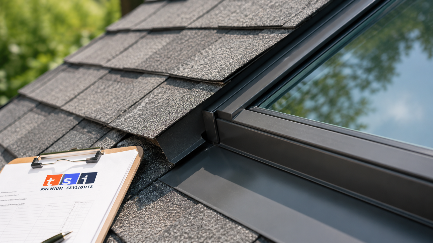 Close view of aluminium flashing and sealed glazing edge on newly installed skylights in York Region