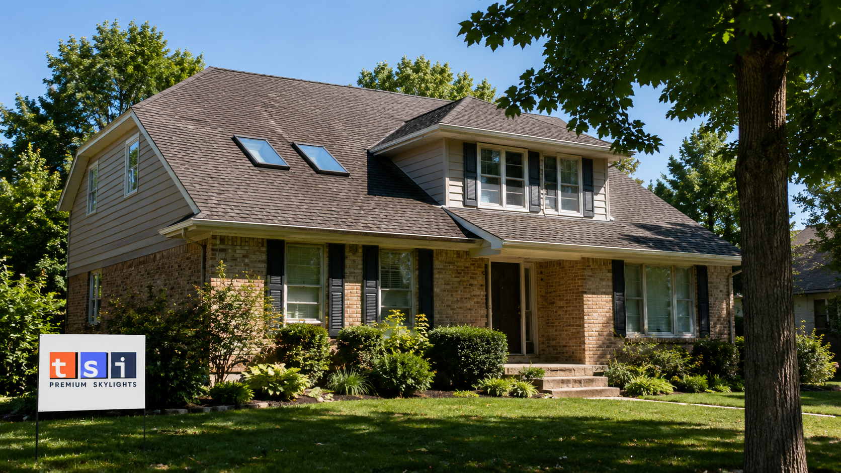 Two skylights installed on the asphalt shingle roof of a suburban York Region two storey home