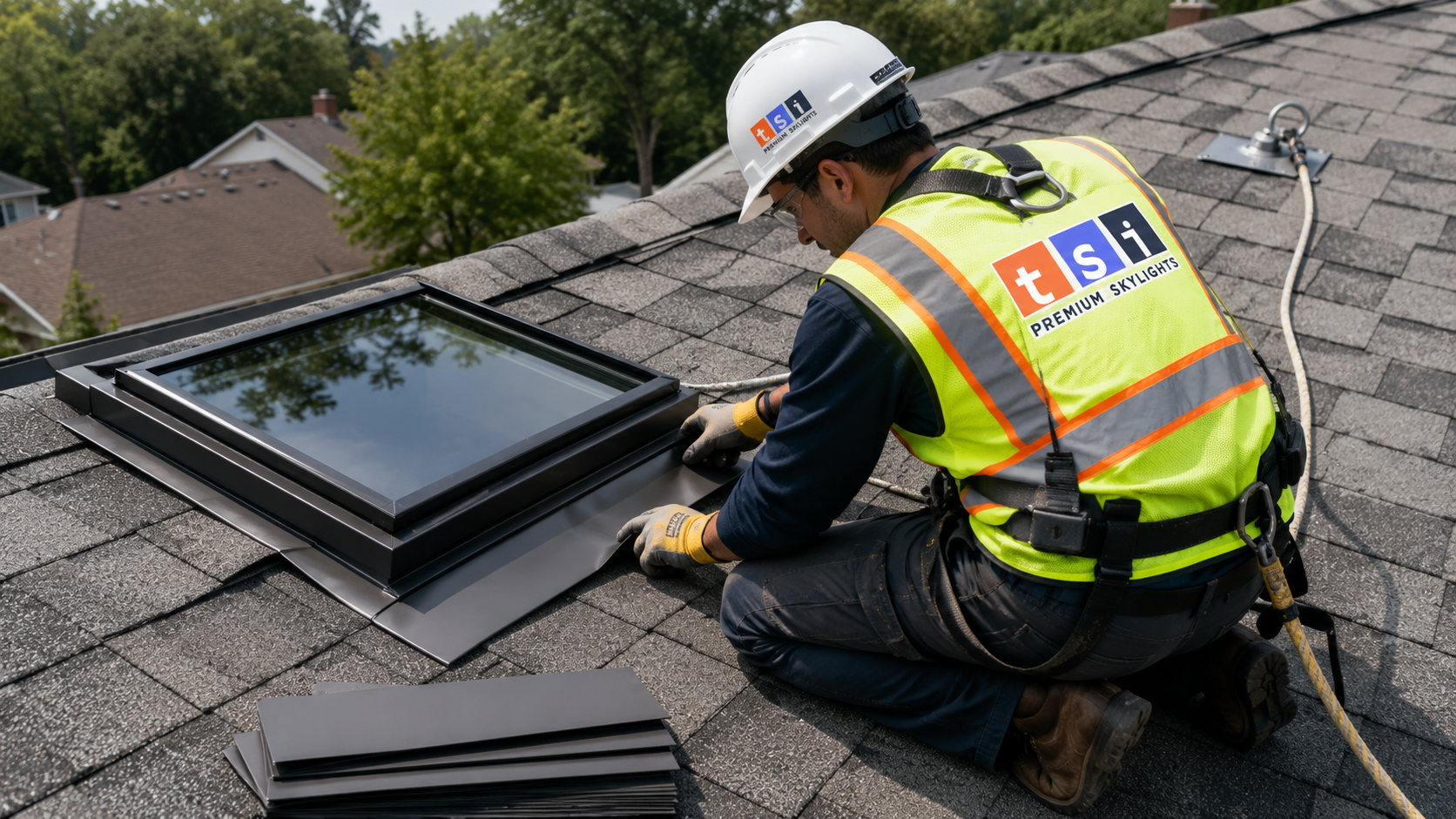 Installer in full safety gear fitting flashing around a new skylight on a York Region rooftop