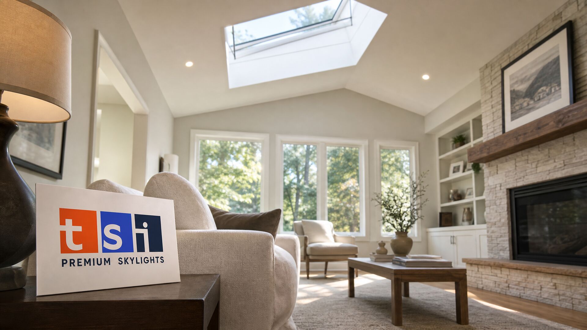 Living room with an open venting skylight in a vaulted ceiling for summer cooling