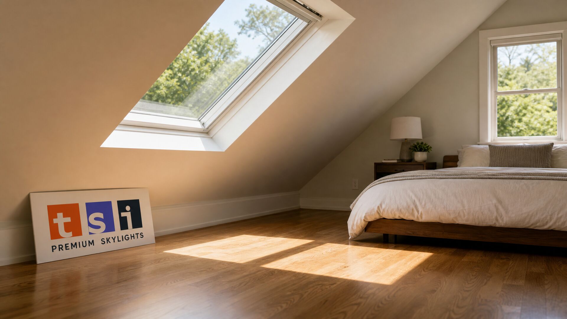 Attic loft bedroom with a large skylight in the sloped ceiling casting sunlight on the wood floor