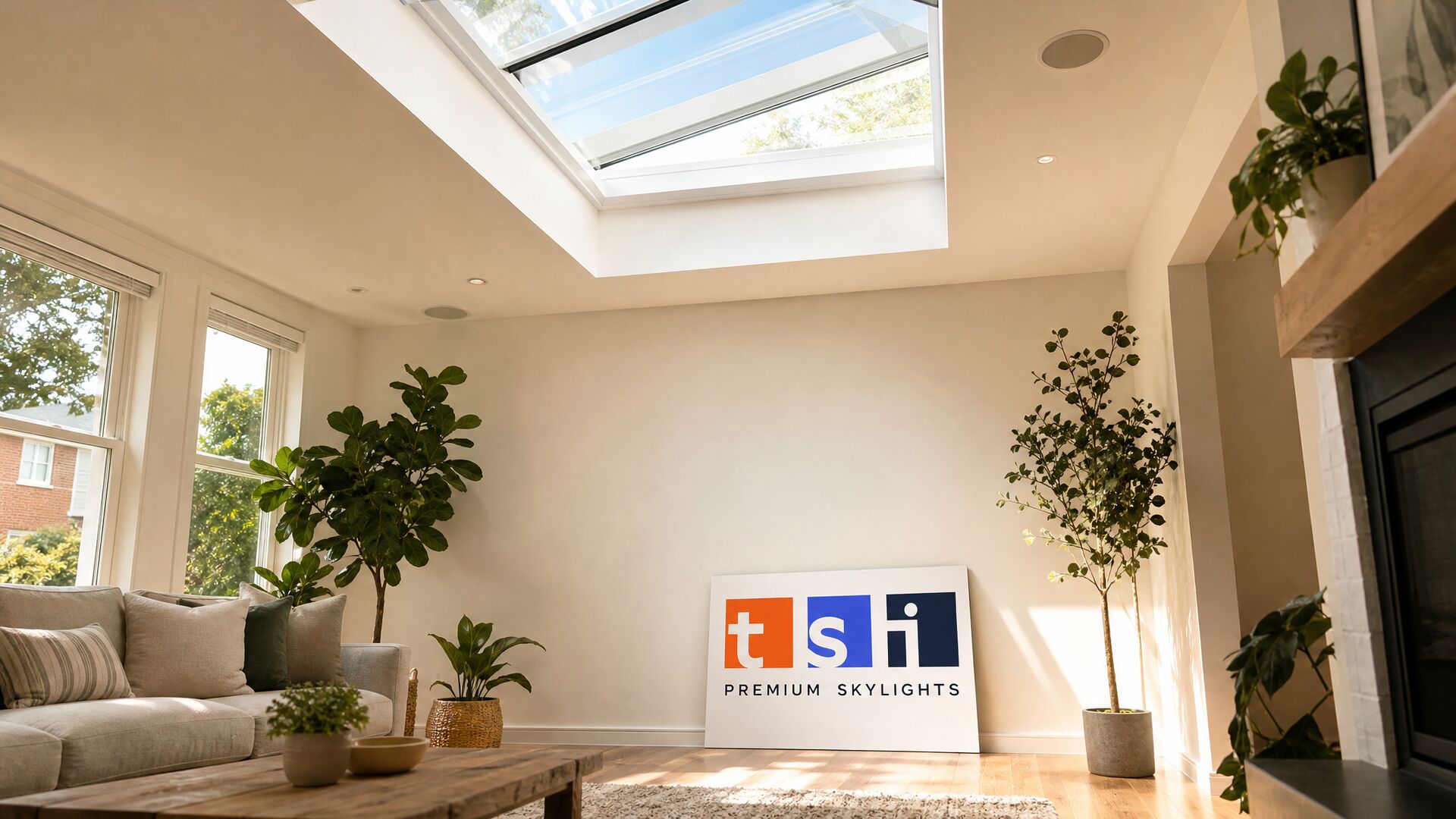Sunlit living room with an open venting skylight and a TSI Premium Skylights sign