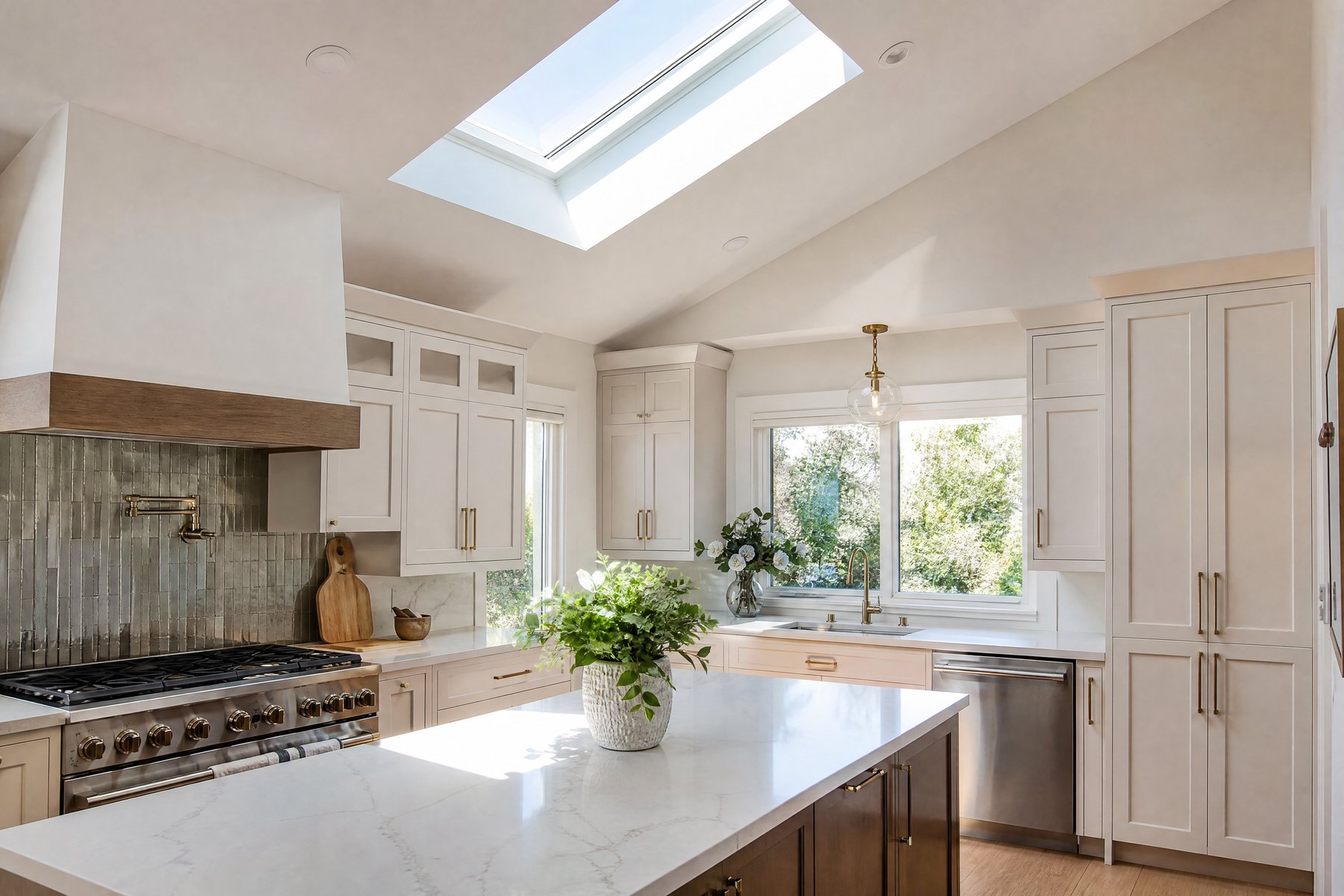 Bright kitchen with morning sun streaming through a brand-new vaulted ceiling skylight