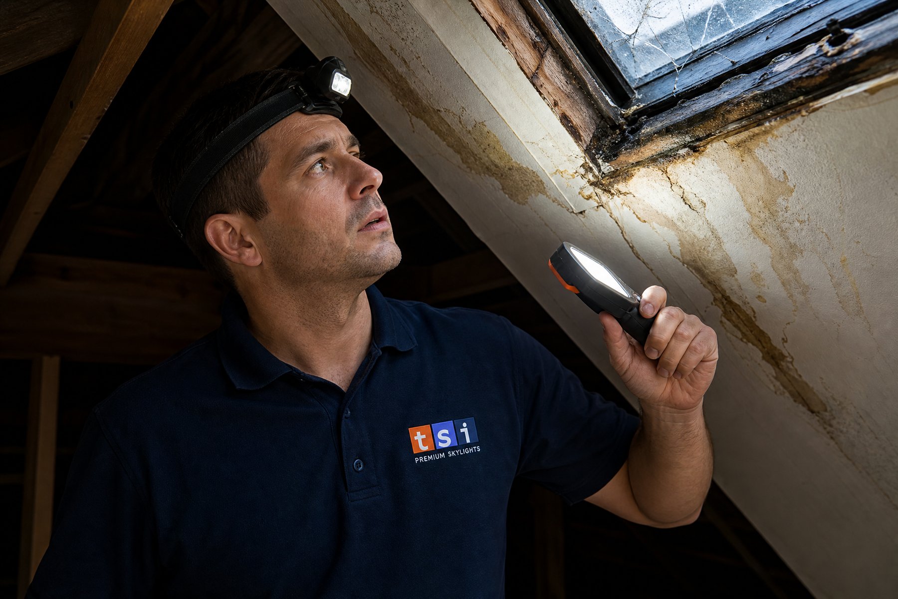 TSI emergency technician inspecting water damage around a cracked skylight from inside an attic