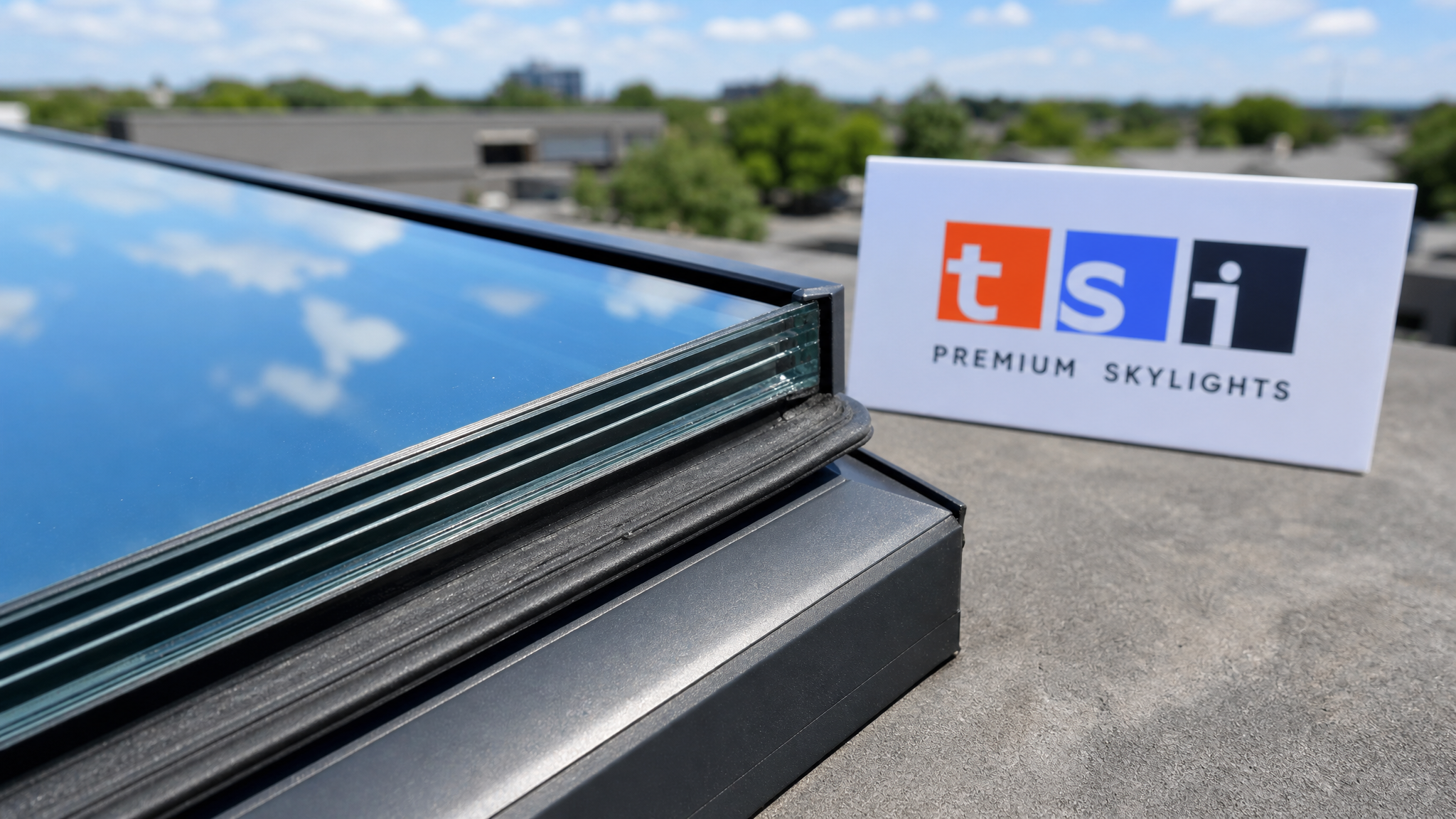 Close-up of laminated acoustic skylight glass edge and rubber weatherstrip seal with a small Toronto Skylight Installers sign placard nearby