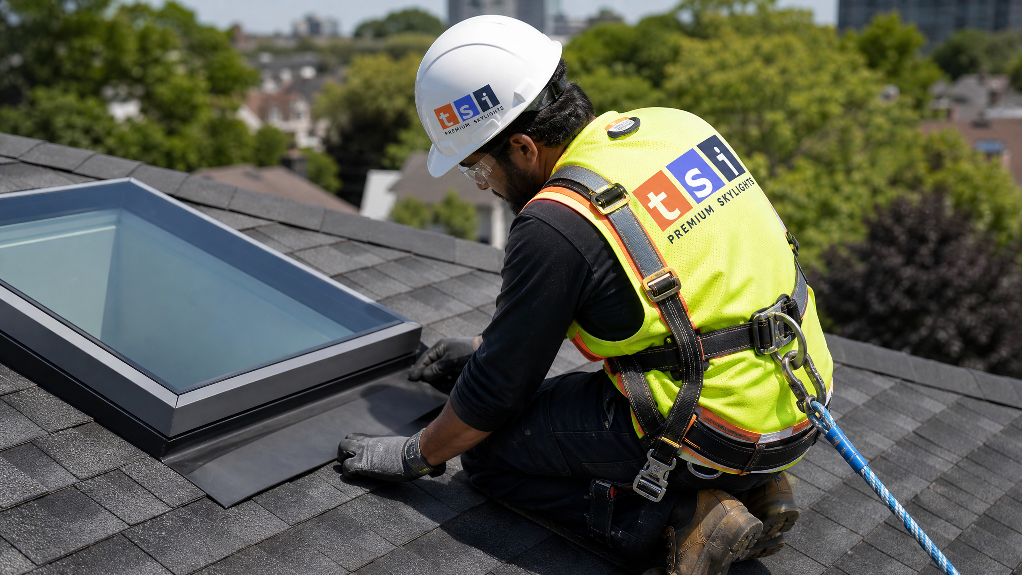 Roofing technician wearing full safety harness and PPE installing acoustic flashing around a residential skylight frame