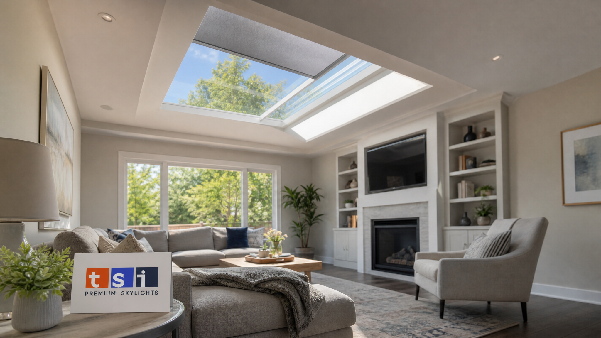 Skylight with motorized blinds installed in a bright Toronto living room ceiling