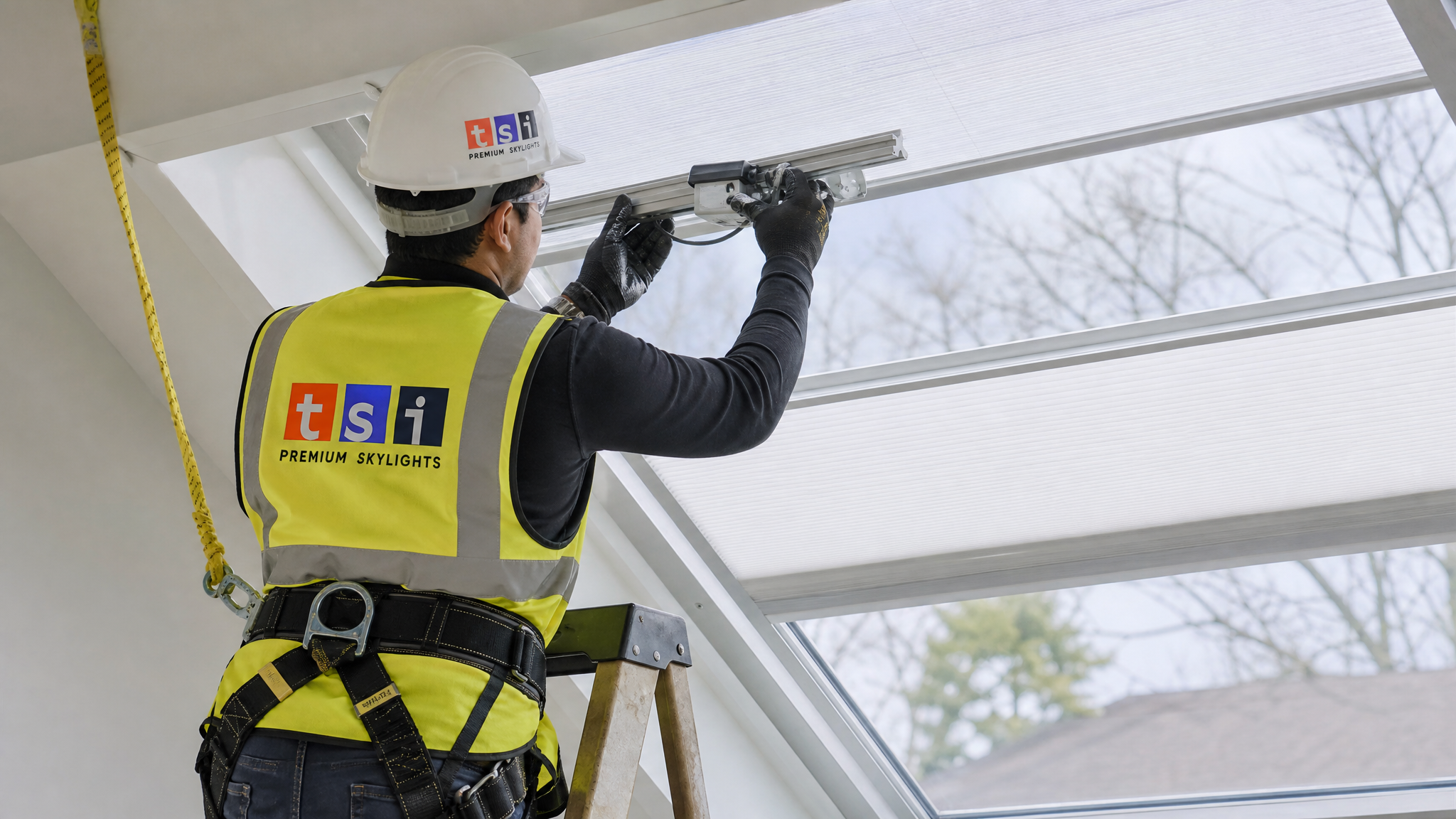 Technician installing a motorized skylight blind motor on a Toronto rooftop skylight frame