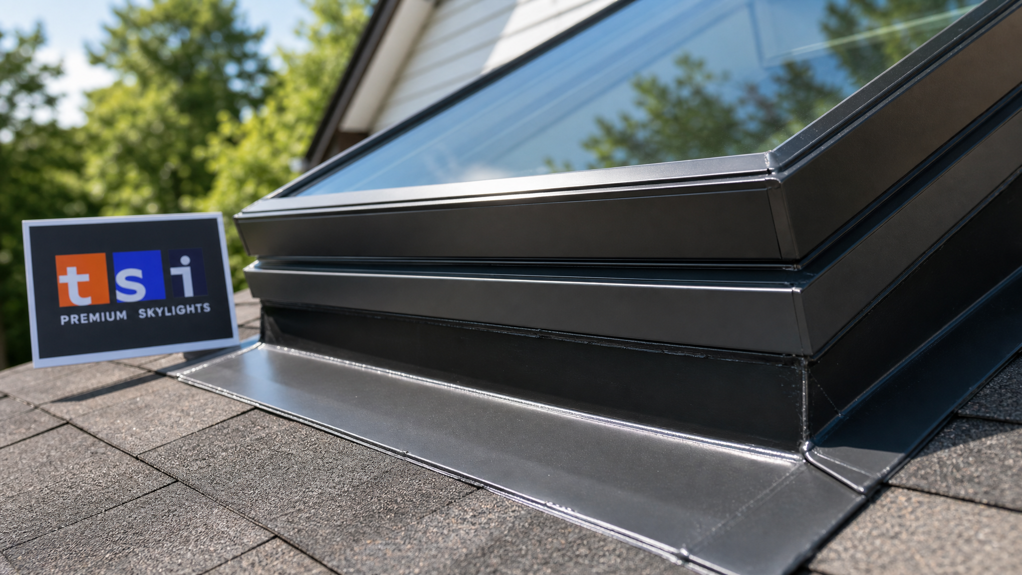 Close-up of a finished skylight curb flashing detail on a sunroom addition roof with sealant and step flashing visible