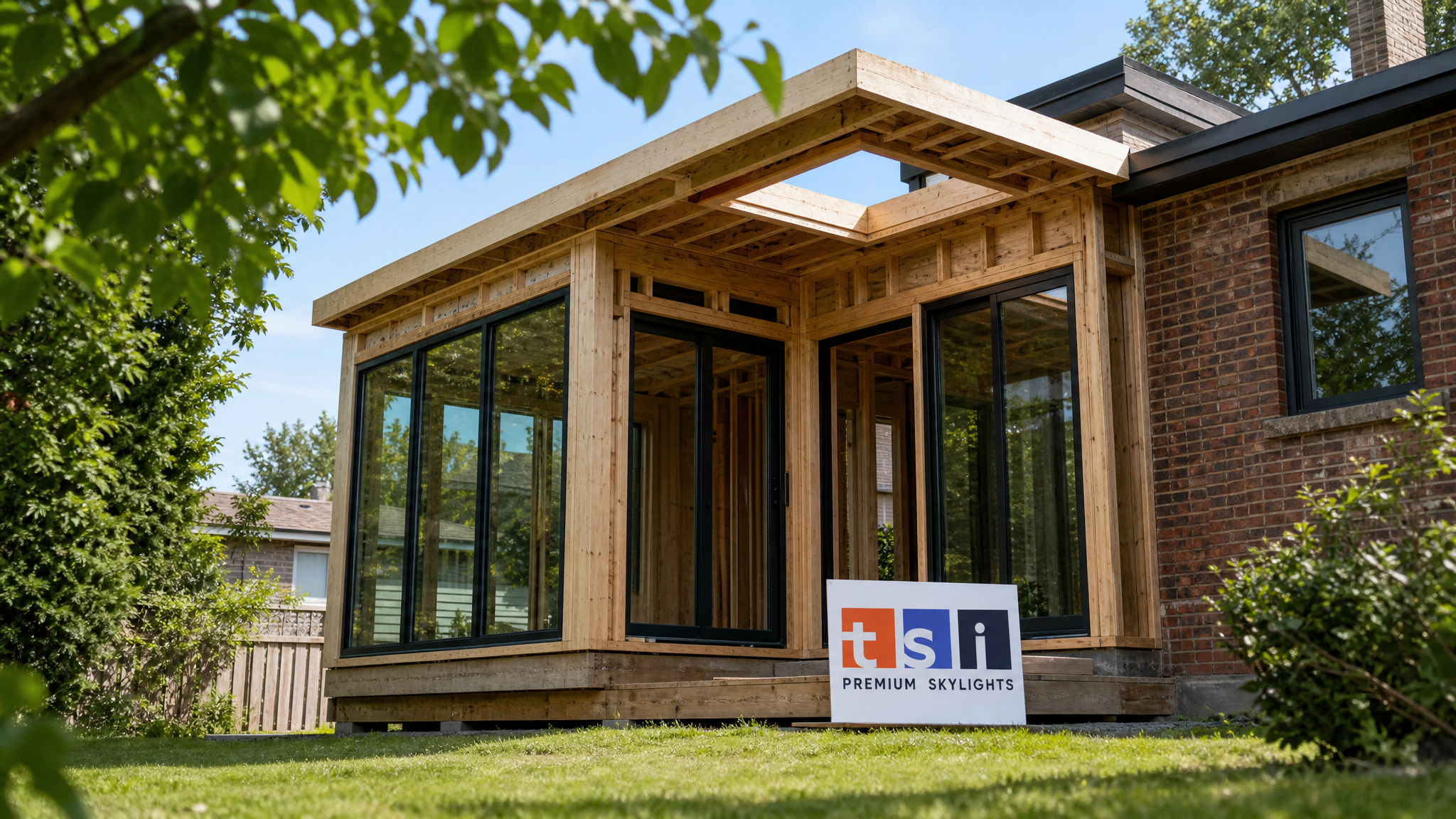 Bright Toronto sunroom addition under construction with an open skylight rough opening framed into the roof deck on a clear summer day