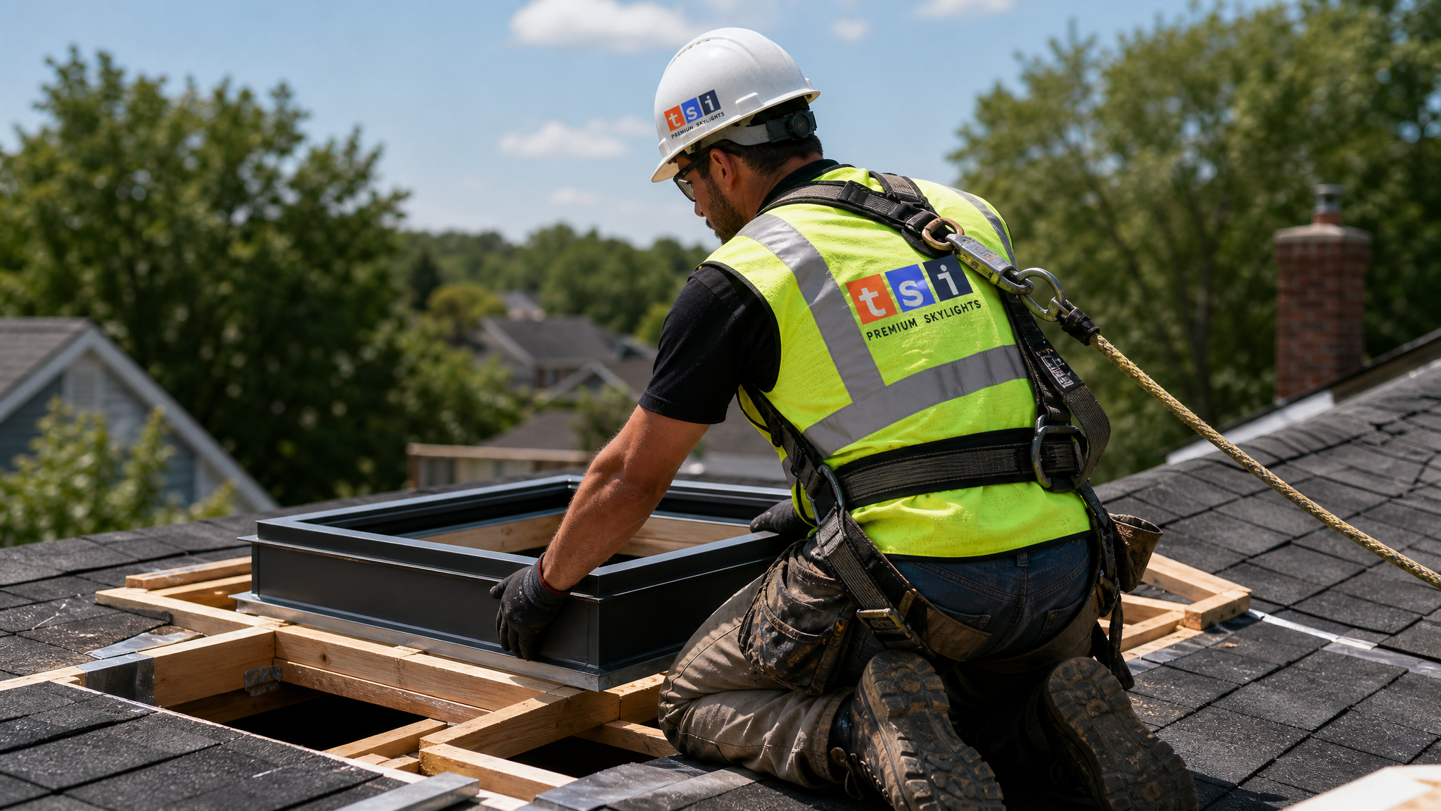 Installer wearing full safety harness and PPE setting a skylight curb into a newly framed roof opening above a Toronto sunroom addition