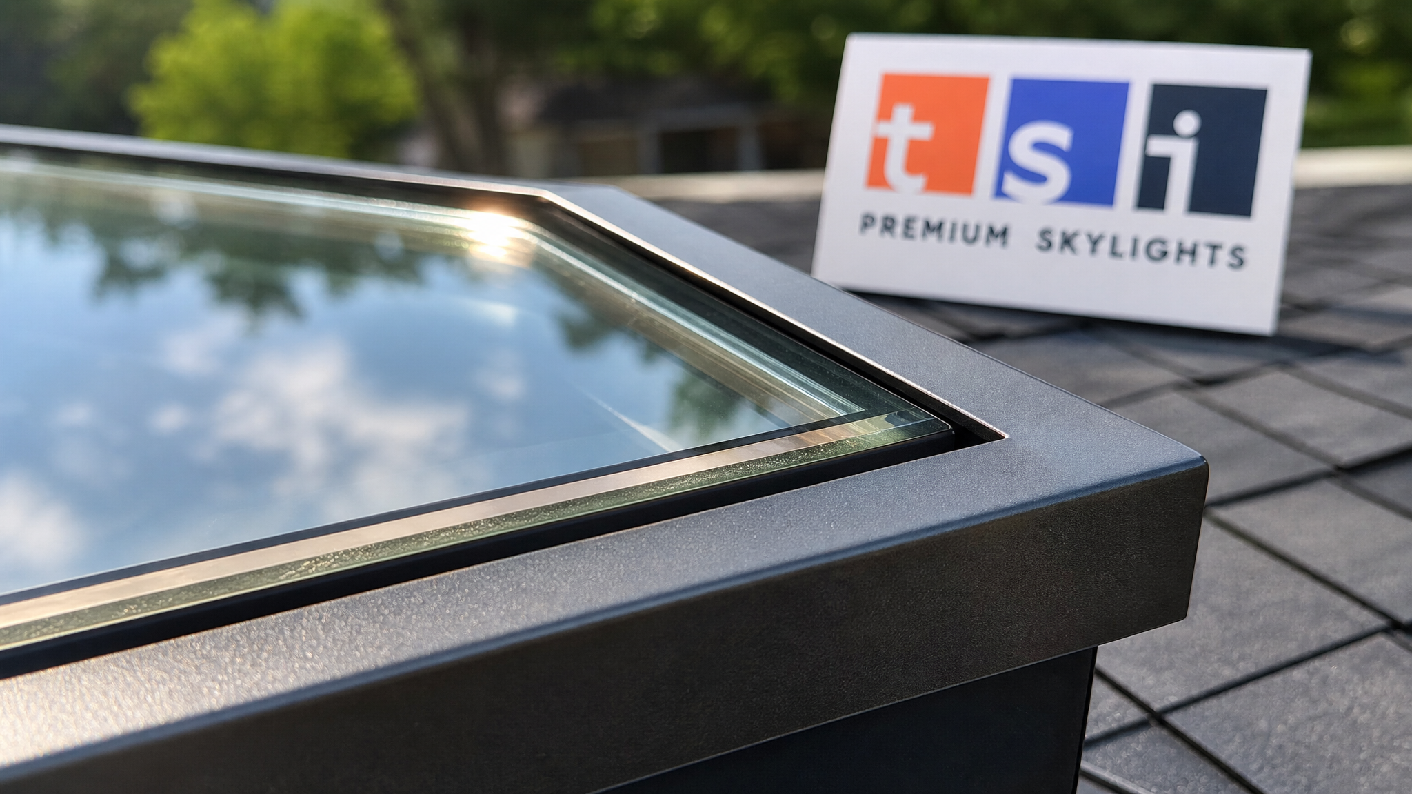 Close-up of tinted skylight glass edge showing the UV-filtering film layer and laminated interlayer detail