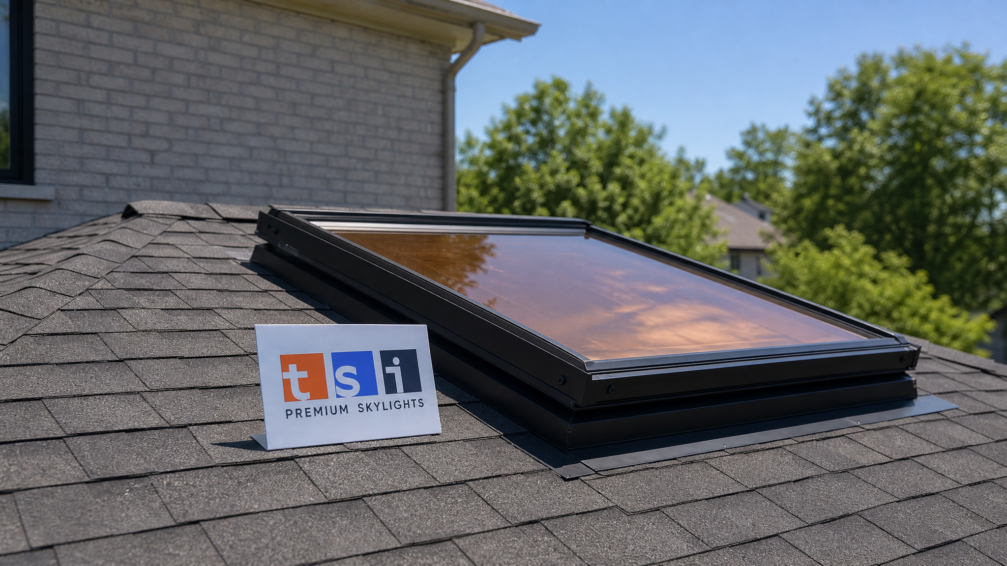 Wide establishing shot of a residential Toronto home skylight with visible tinted glass reflecting summer sunlight, small branded sign nearby