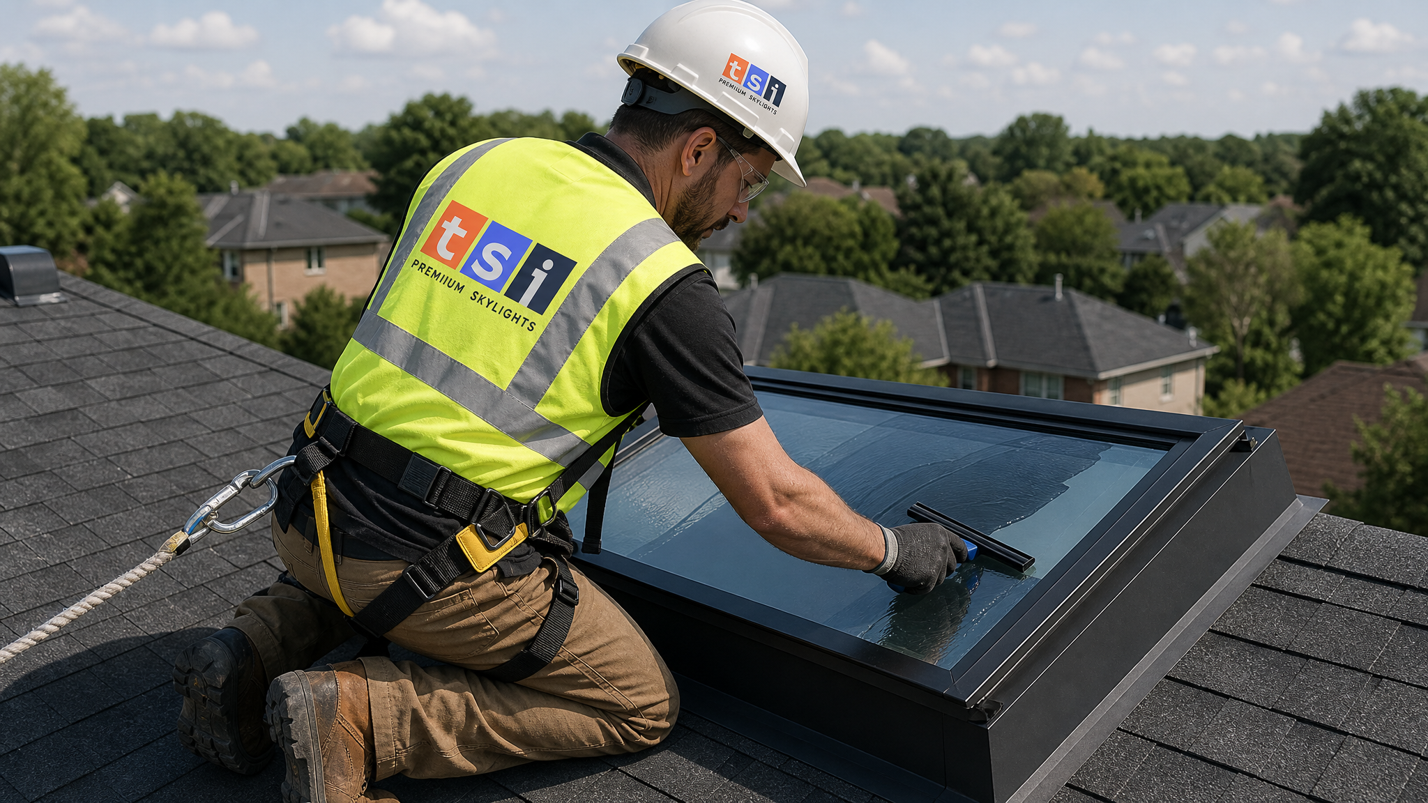 Tradesperson in full safety gear applying UV-protective tint film to a skylight glass panel on a Toronto rooftop