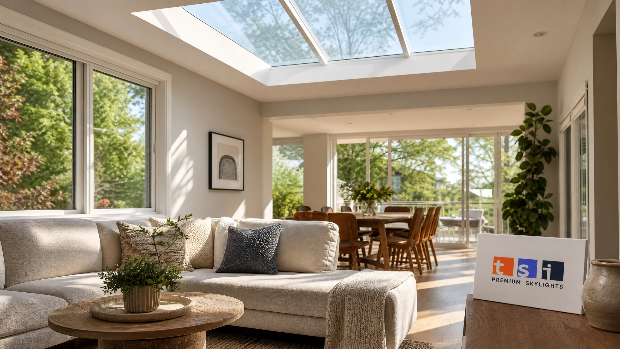 Bright Toronto living room with a large fixed skylight illustrating skylight resale value in Toronto